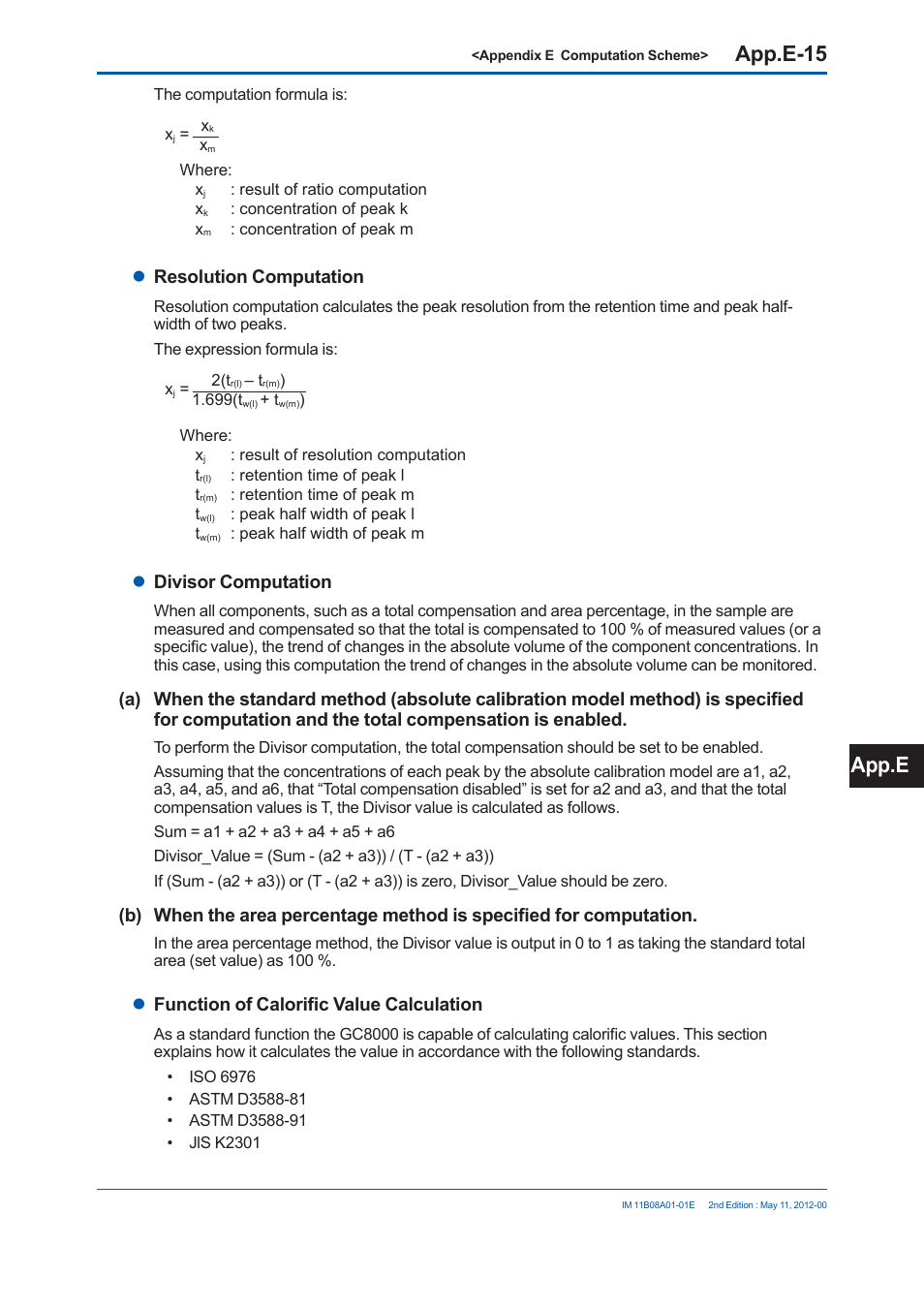 App.e-15, App.e, Resolution computation | Divisor computation, Function of calorifi c value calculation | Yokogawa GC8000 Process Gas Chromatograph User Manual | Page 488 / 537