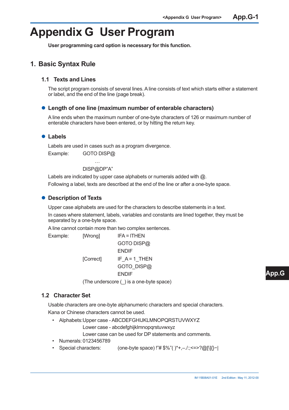 Appendix g user program, App.g-1, Basic syntax rule | App.g | Yokogawa GC8000 Process Gas Chromatograph User Manual | Page 500 / 537