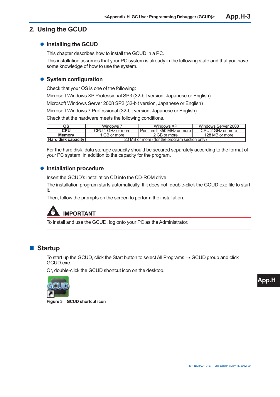 App.h-3, Using the gcud, Startup | App.h | Yokogawa GC8000 Process Gas Chromatograph User Manual | Page 520 / 537