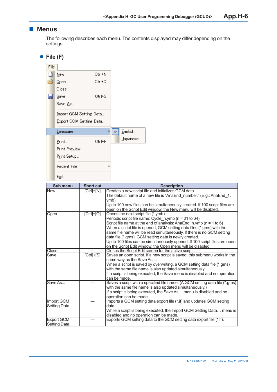 App.h-6, Menus, File (f) | Yokogawa GC8000 Process Gas Chromatograph User Manual | Page 523 / 537
