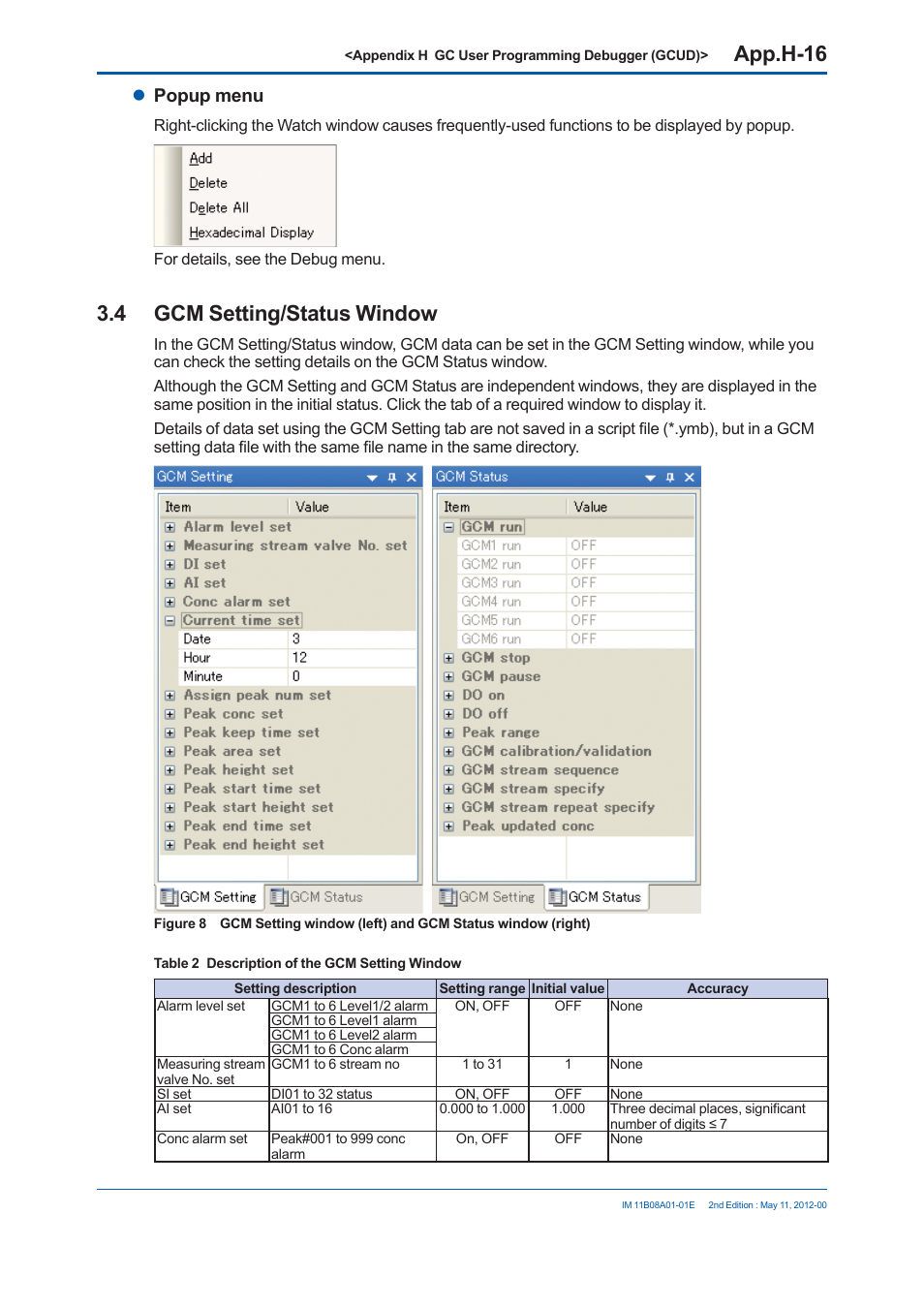 App.h-16, 4 gcm setting/status window, Popup menu | Yokogawa GC8000 Process Gas Chromatograph User Manual | Page 533 / 537