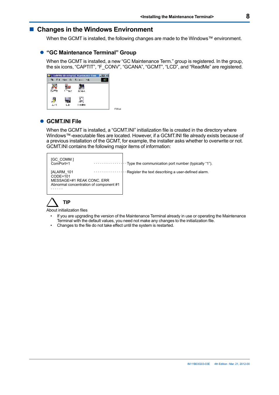 Nchanges in the windows environment, L“gc maintenance terminal” group, Lgcmt.ini file | Yokogawa GC1000 Mark II Process Gas Chromatograph User Manual | Page 15 / 105
