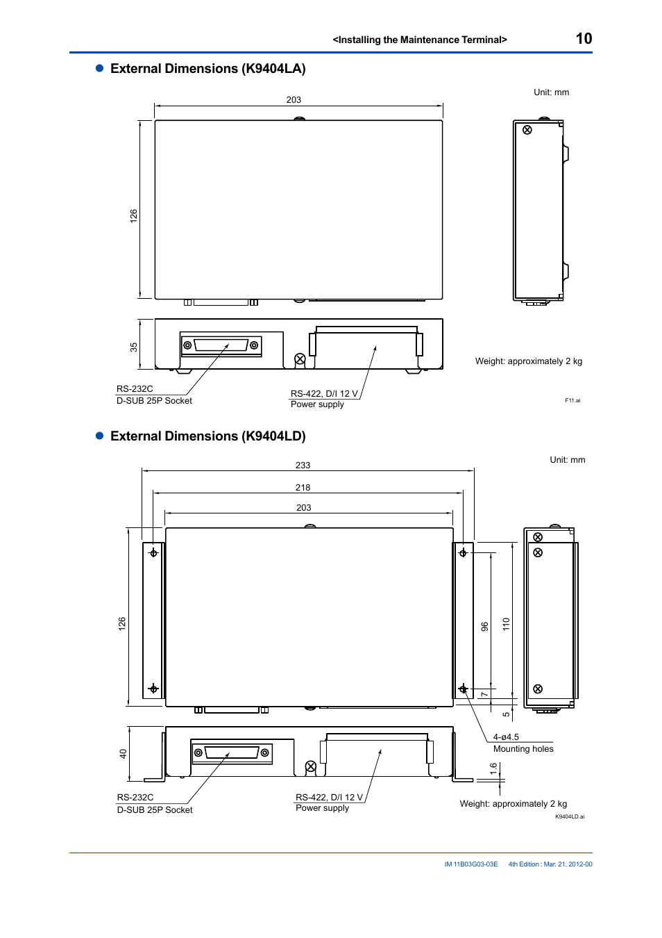 Lexternal dimensions (k9404la), Lexternal dimensions (k9404ld) | Yokogawa GC1000 Mark II Process Gas Chromatograph User Manual | Page 17 / 105