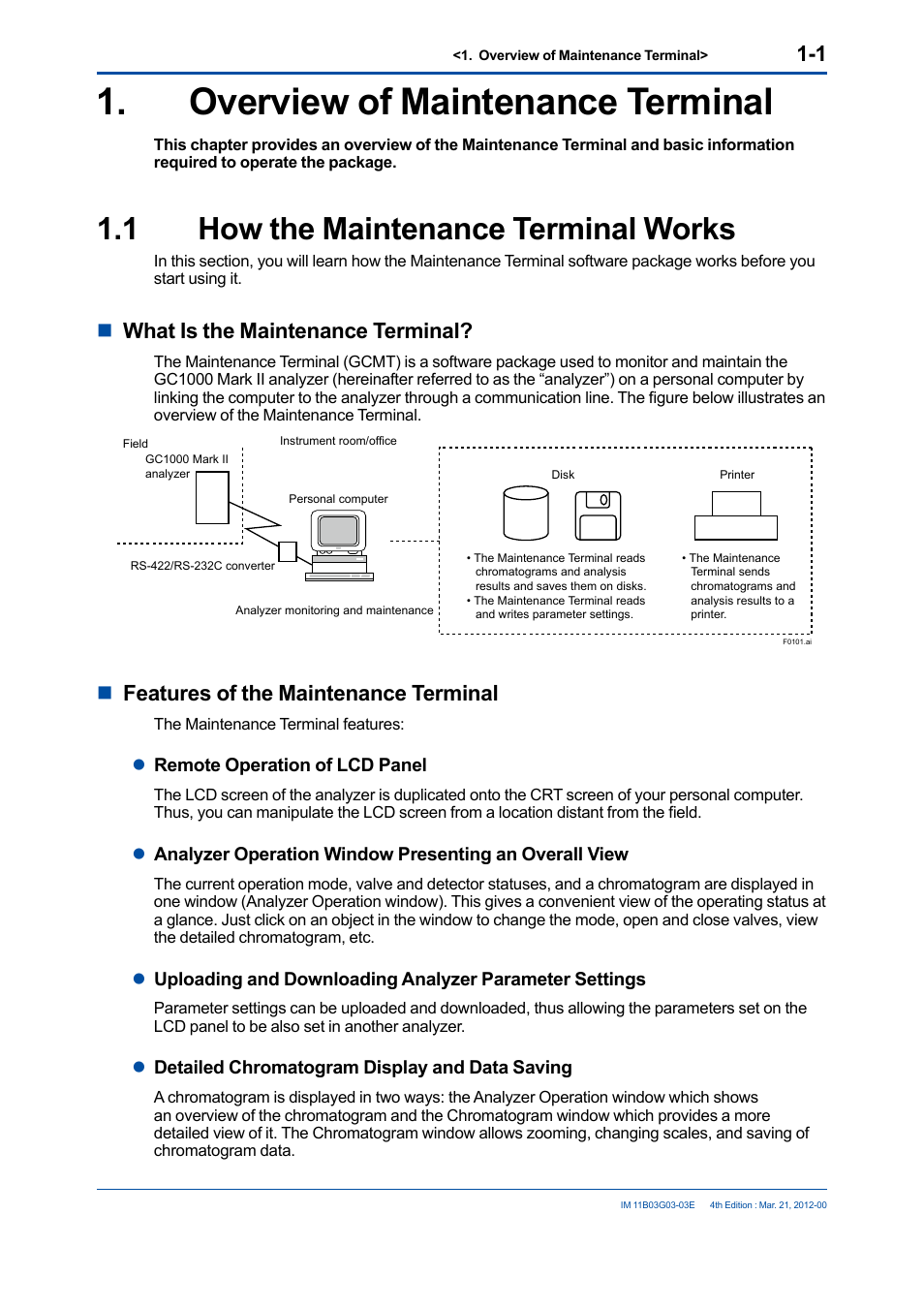 Overview of maintenance terminal, 1 how the maintenance terminal works, Overview of maintenance terminal -1 | How the maintenance terminal works -1, Nwhat is the maintenance terminal, Nfeatures of the maintenance terminal | Yokogawa GC1000 Mark II Process Gas Chromatograph User Manual | Page 20 / 105