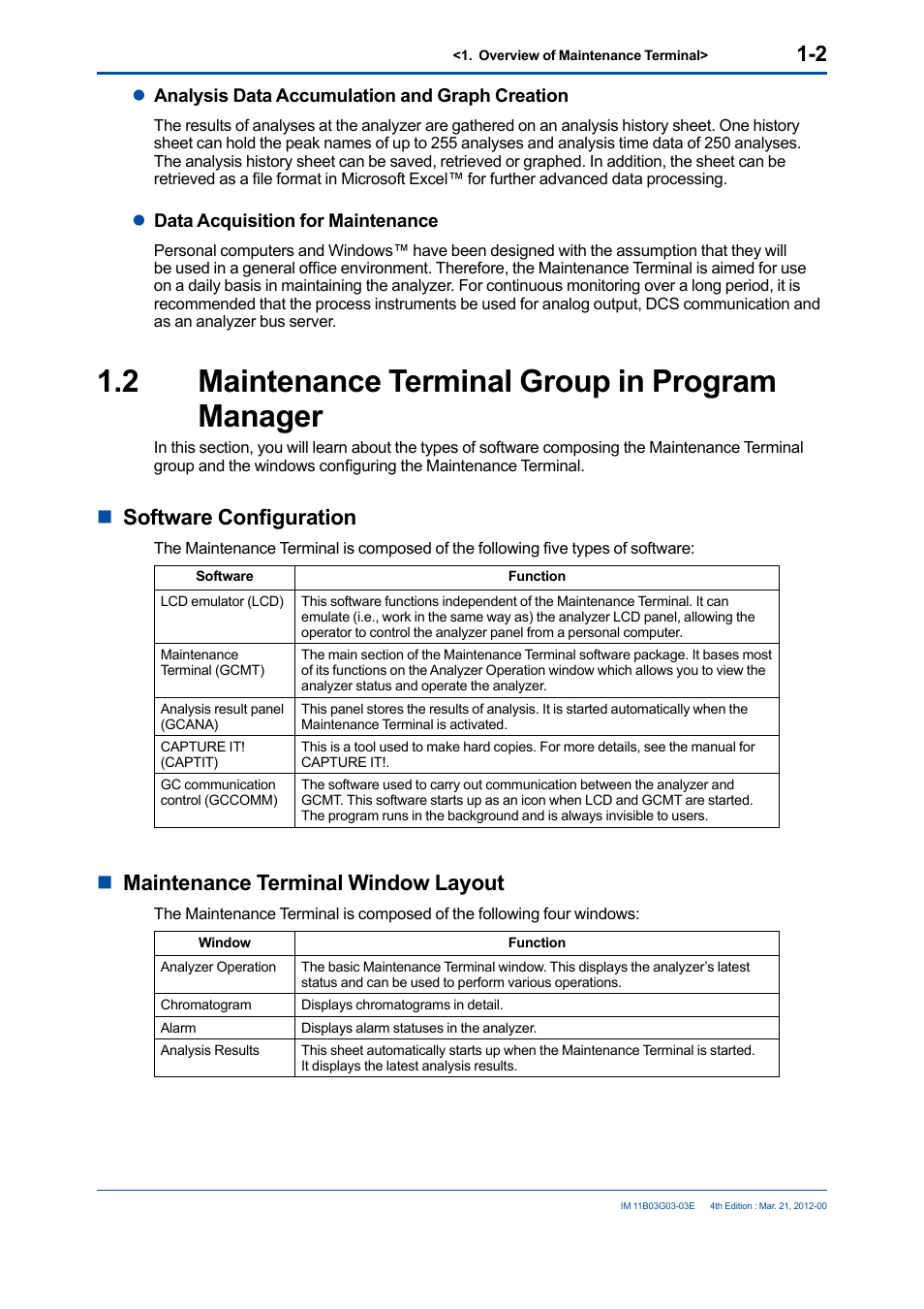 2 maintenance terminal group in program manager, Maintenance terminal group in program manager -2, Nsoftware configuration | Nmaintenance terminal window layout | Yokogawa GC1000 Mark II Process Gas Chromatograph User Manual | Page 21 / 105