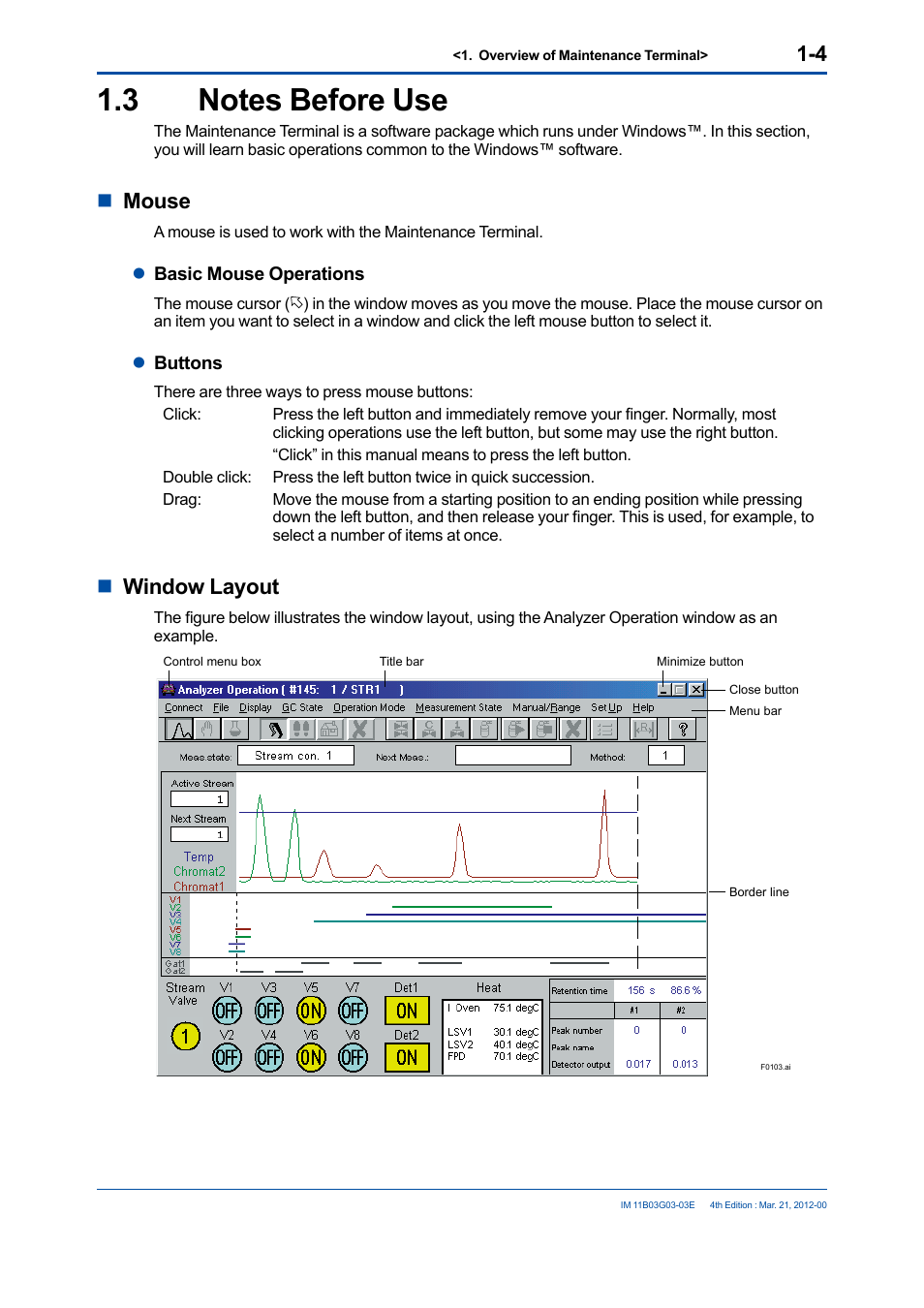 3 notes before use, Notes before use -4, Nmouse | Nwindow layout | Yokogawa GC1000 Mark II Process Gas Chromatograph User Manual | Page 23 / 105
