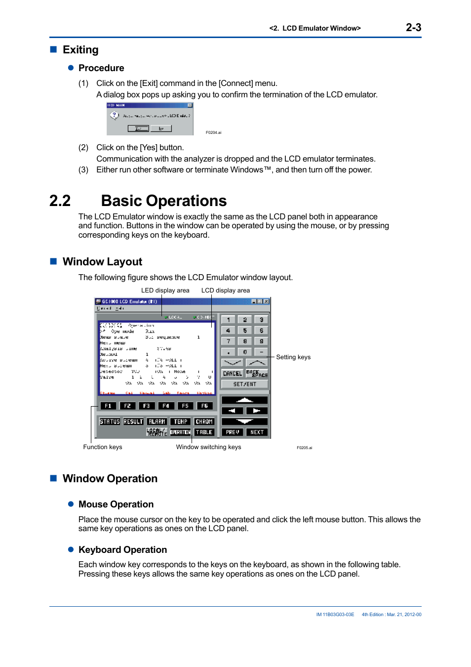 2 basic operations, Basic operations -3, Nexiting | Nwindow layout, Nwindow operation | Yokogawa GC1000 Mark II Process Gas Chromatograph User Manual | Page 28 / 105