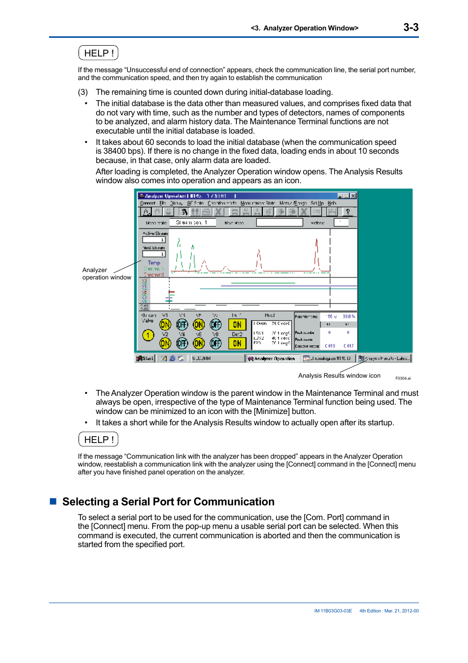 Nselecting a serial port for communication, Help | Yokogawa GC1000 Mark II Process Gas Chromatograph User Manual | Page 32 / 105