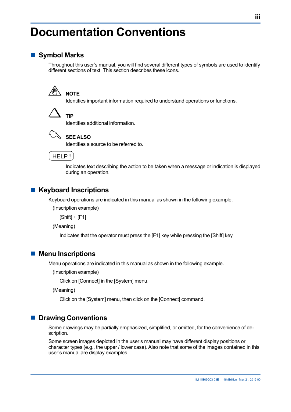 Documentation conventions, Nsymbol marks, Nkeyboard inscriptions | Nmenu inscriptions, Ndrawing conventions | Yokogawa GC1000 Mark II Process Gas Chromatograph User Manual | Page 4 / 105