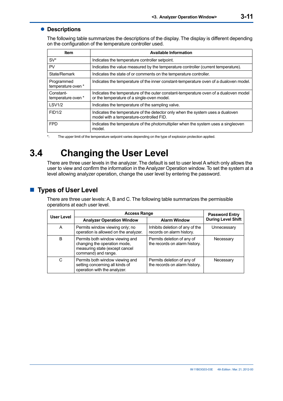 4 changing the user level, Changing the user level -11, Ntypes of user level | Ldescriptions | Yokogawa GC1000 Mark II Process Gas Chromatograph User Manual | Page 40 / 105