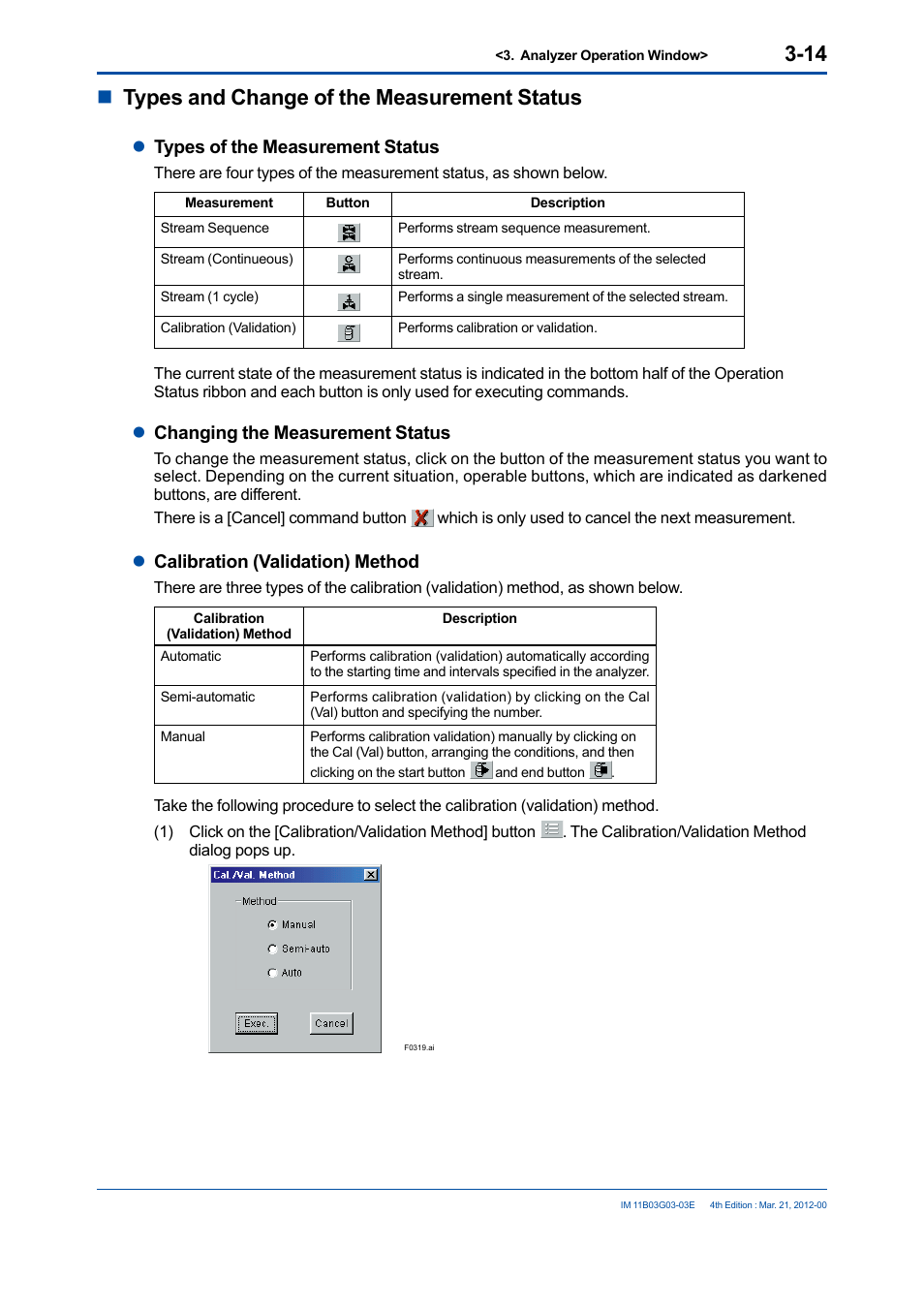 Ntypes and change of the measurement status, Ltypes of the measurement status, Lchanging the measurement status | Lcalibration (validation) method | Yokogawa GC1000 Mark II Process Gas Chromatograph User Manual | Page 43 / 105