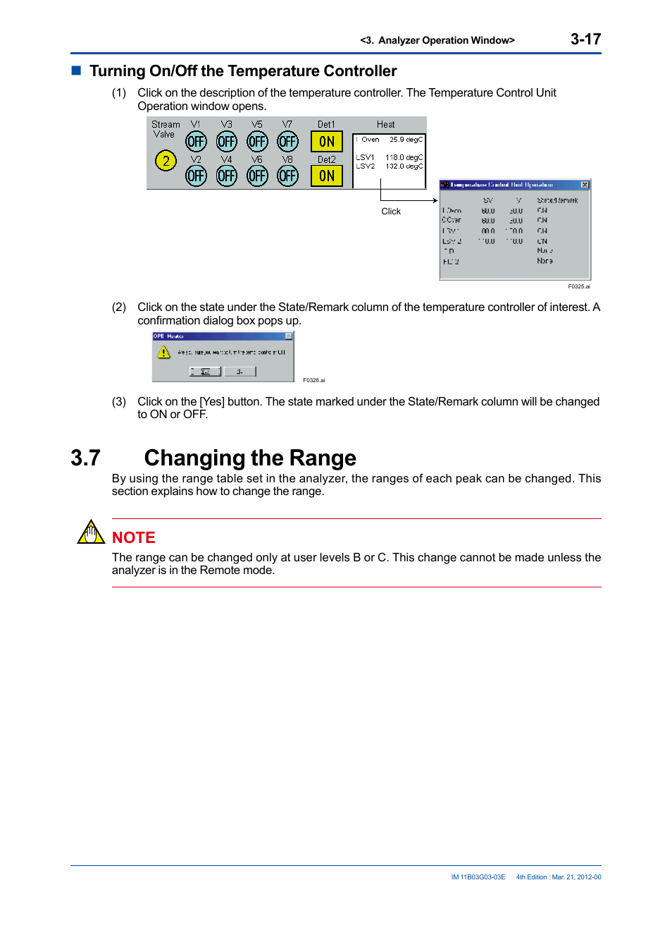 7 changing the range, Changing the range -17, Nturning on/off the temperature controller | Yokogawa GC1000 Mark II Process Gas Chromatograph User Manual | Page 46 / 105