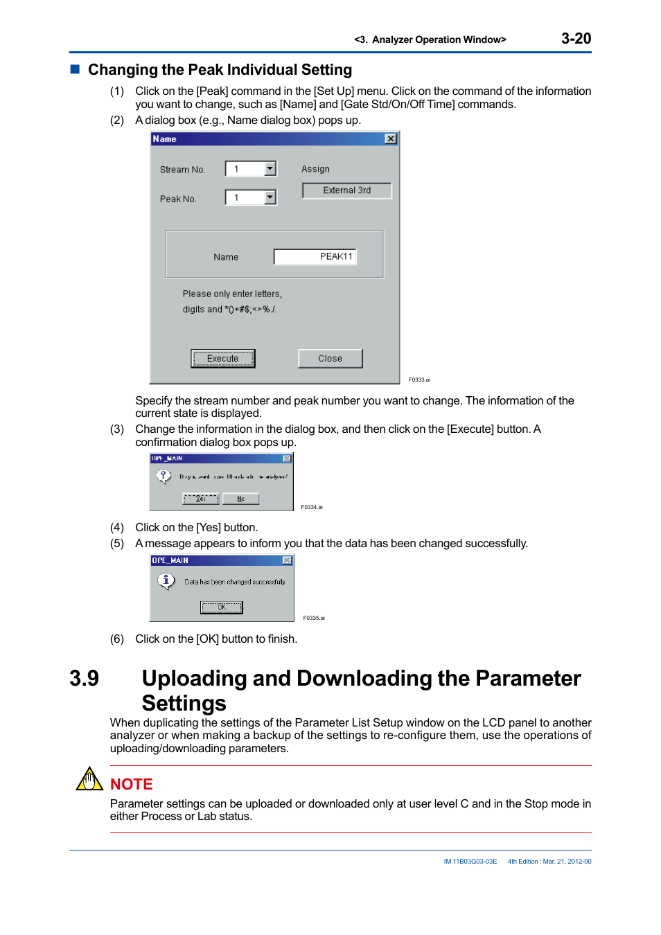 9 uploading and downloading the parameter settings, Nchanging the peak individual setting | Yokogawa GC1000 Mark II Process Gas Chromatograph User Manual | Page 49 / 105