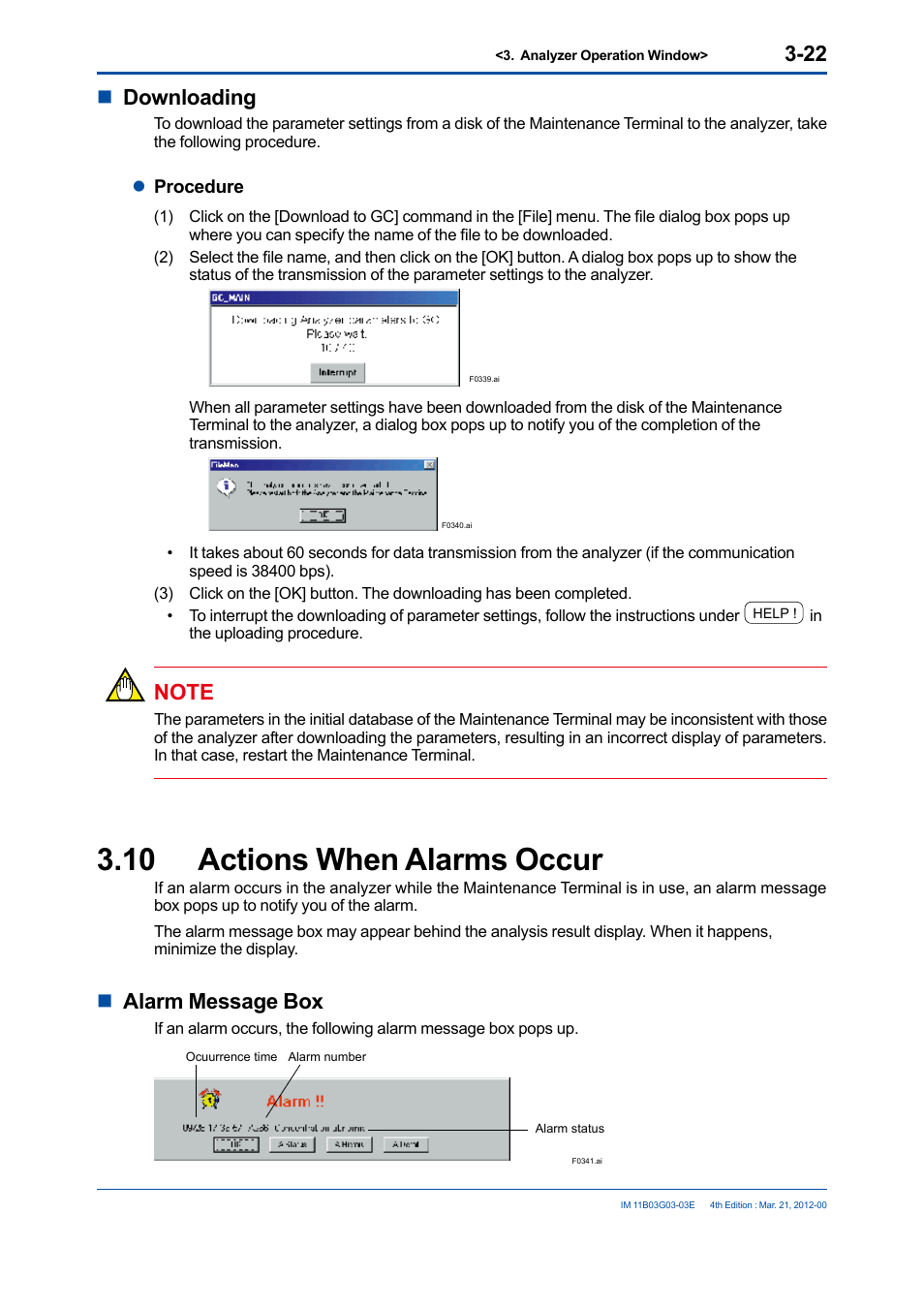 10 actions when alarms occur, Actions when alarms occur -22, Ndownloading | Nalarm message box | Yokogawa GC1000 Mark II Process Gas Chromatograph User Manual | Page 51 / 105