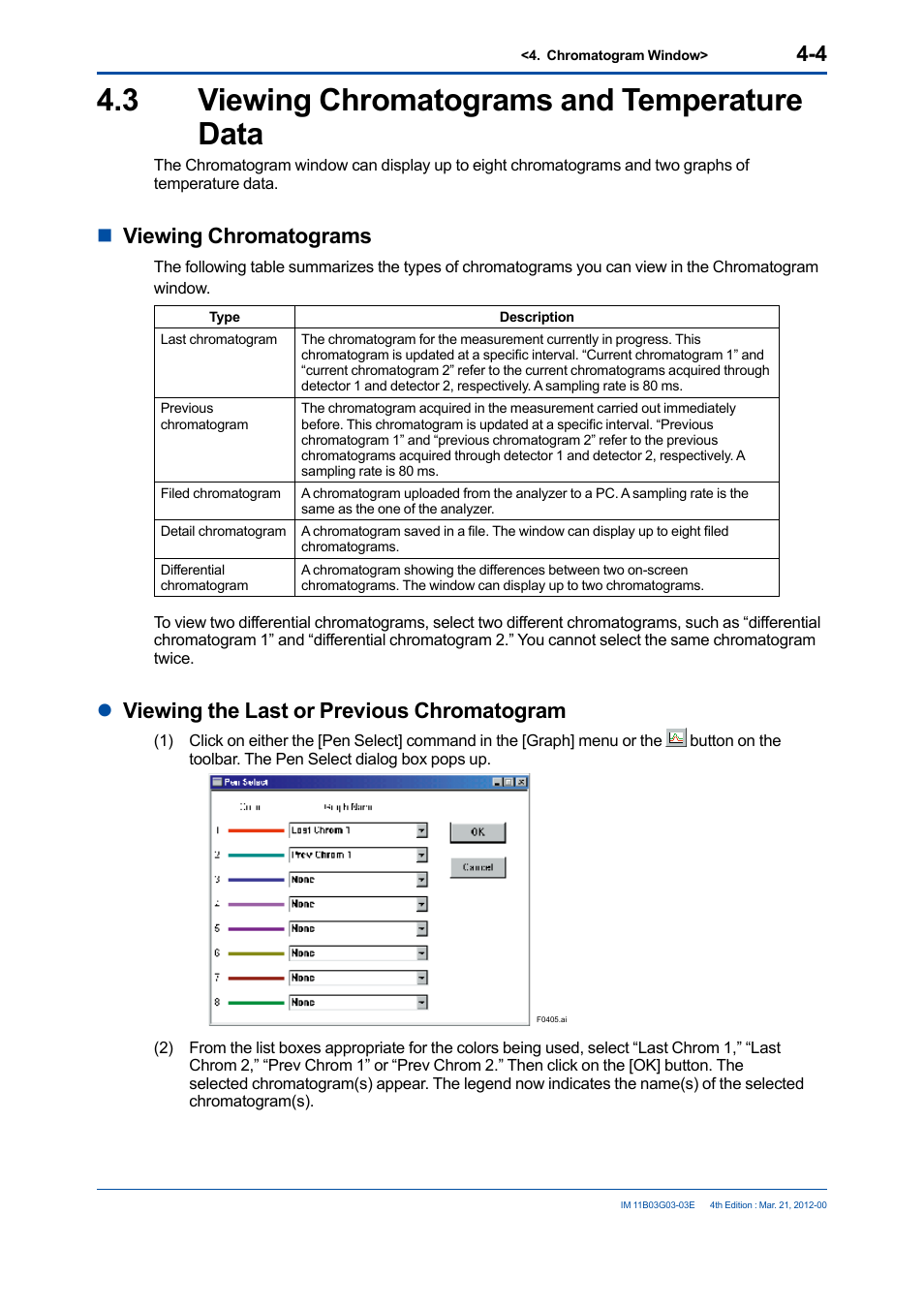 3 viewing chromatograms and temperature data, Viewing chromatograms and temperature data -4, Nviewing chromatograms | Lviewing the last or previous chromatogram | Yokogawa GC1000 Mark II Process Gas Chromatograph User Manual | Page 57 / 105