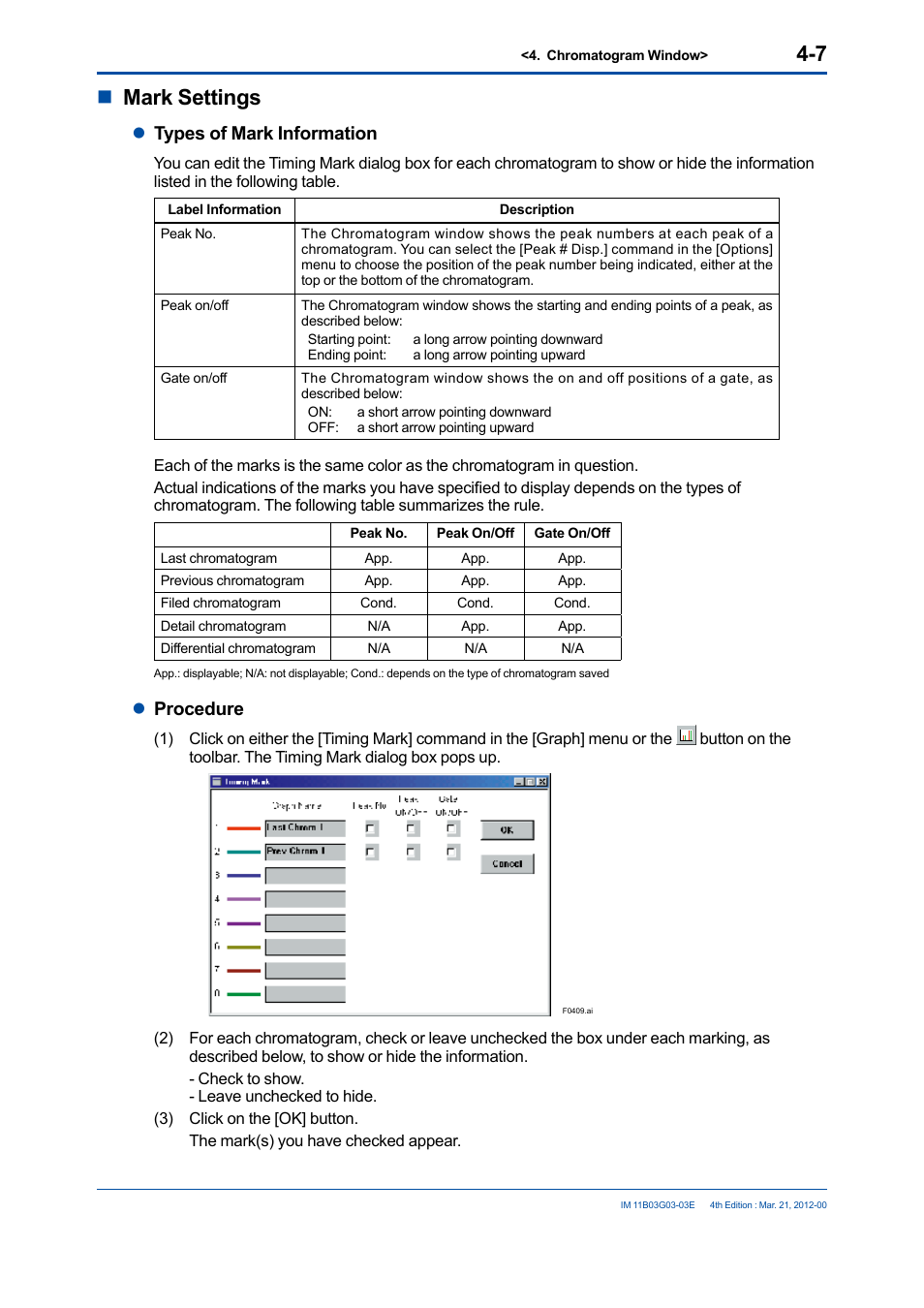 Nmark settings, Ltypes of mark information, Lprocedure | Yokogawa GC1000 Mark II Process Gas Chromatograph User Manual | Page 60 / 105
