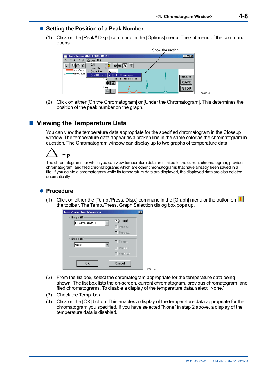 Nviewing the temperature data, Lsetting the position of a peak number, Lprocedure | Yokogawa GC1000 Mark II Process Gas Chromatograph User Manual | Page 61 / 105