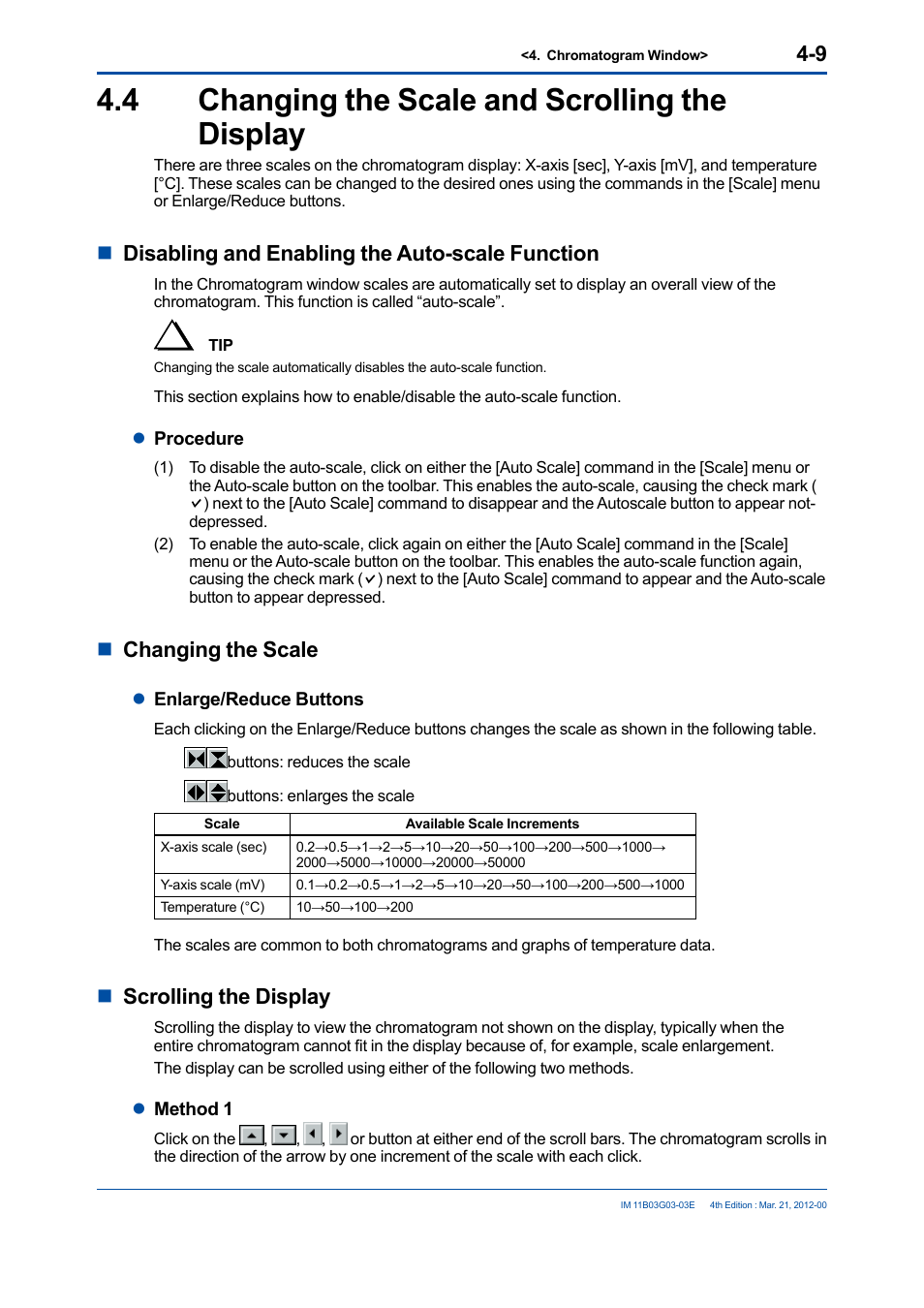 4 changing the scale and scrolling the display, Changing the scale and scrolling the display -9, Ndisabling and enabling the auto-scale function | Nchanging the scale, Nscrolling the display | Yokogawa GC1000 Mark II Process Gas Chromatograph User Manual | Page 62 / 105
