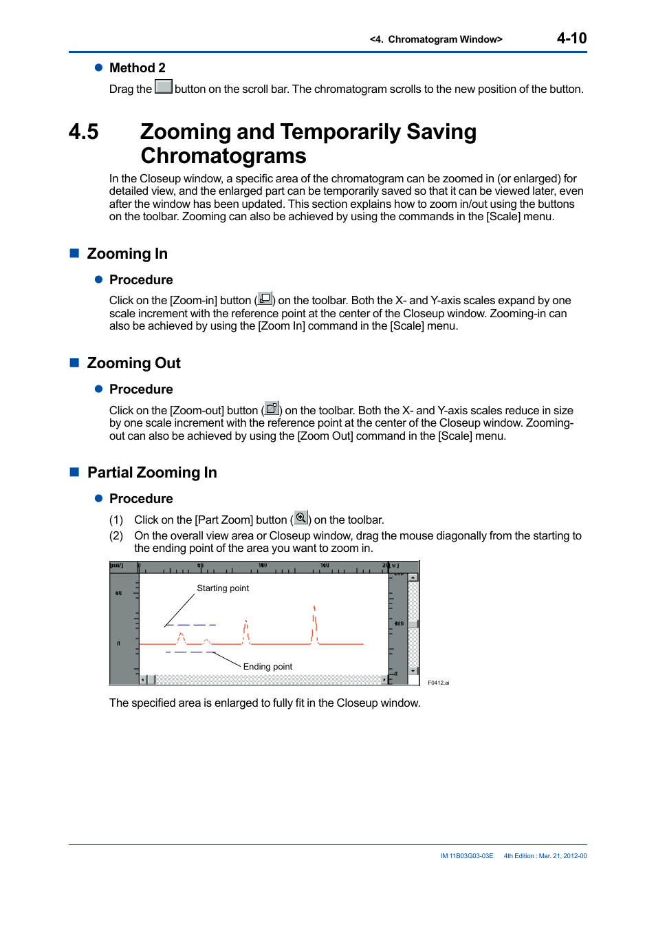 5 zooming and temporarily saving chromatograms, Zooming and temporarily saving chromatograms -10, Nzooming in | Nzooming out, Npartial zooming in | Yokogawa GC1000 Mark II Process Gas Chromatograph User Manual | Page 63 / 105