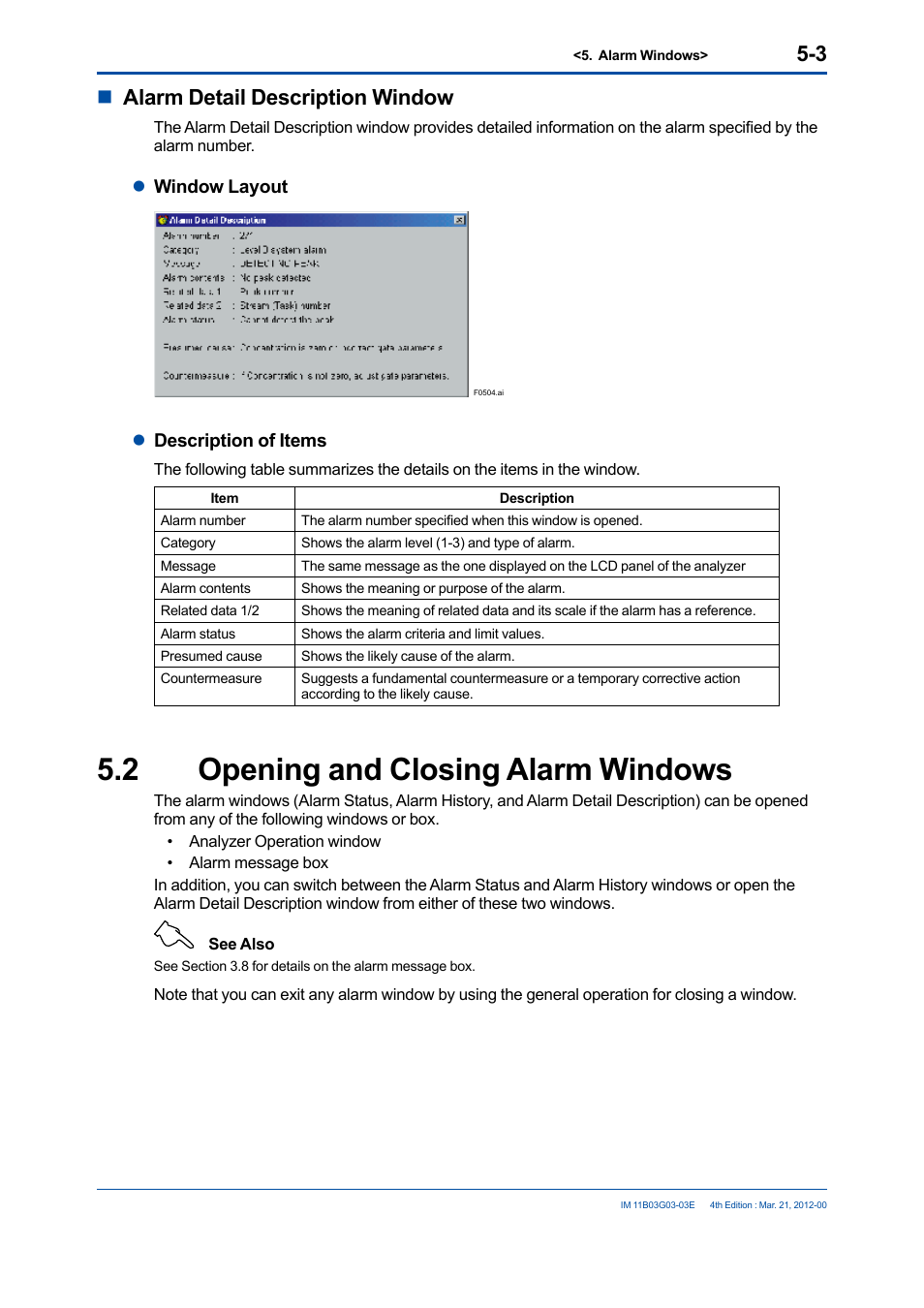 2 opening and closing alarm windows, Opening and closing alarm windows -3, Nalarm detail description window | Yokogawa GC1000 Mark II Process Gas Chromatograph User Manual | Page 70 / 105