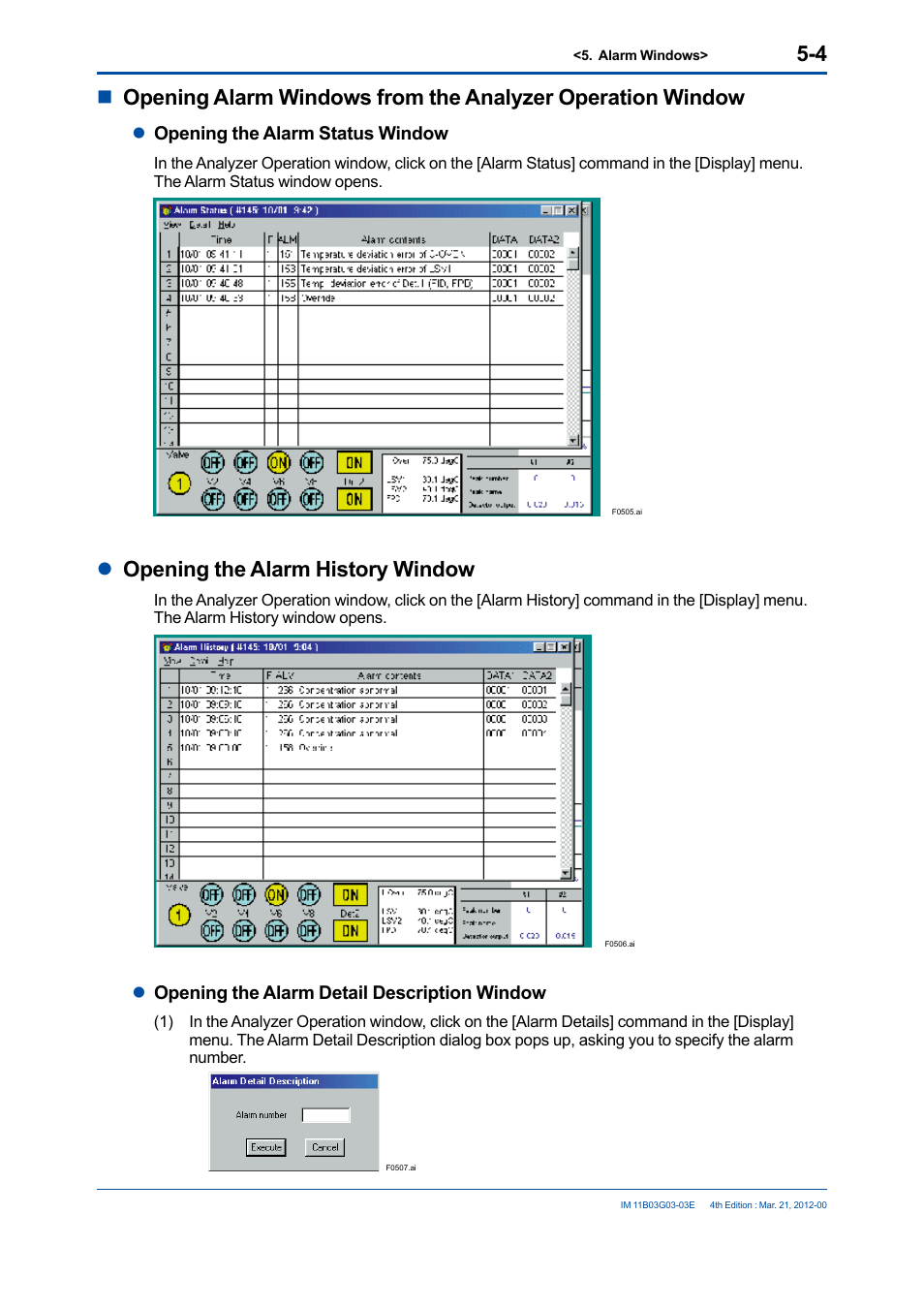 Lopening the alarm history window | Yokogawa GC1000 Mark II Process Gas Chromatograph User Manual | Page 71 / 105