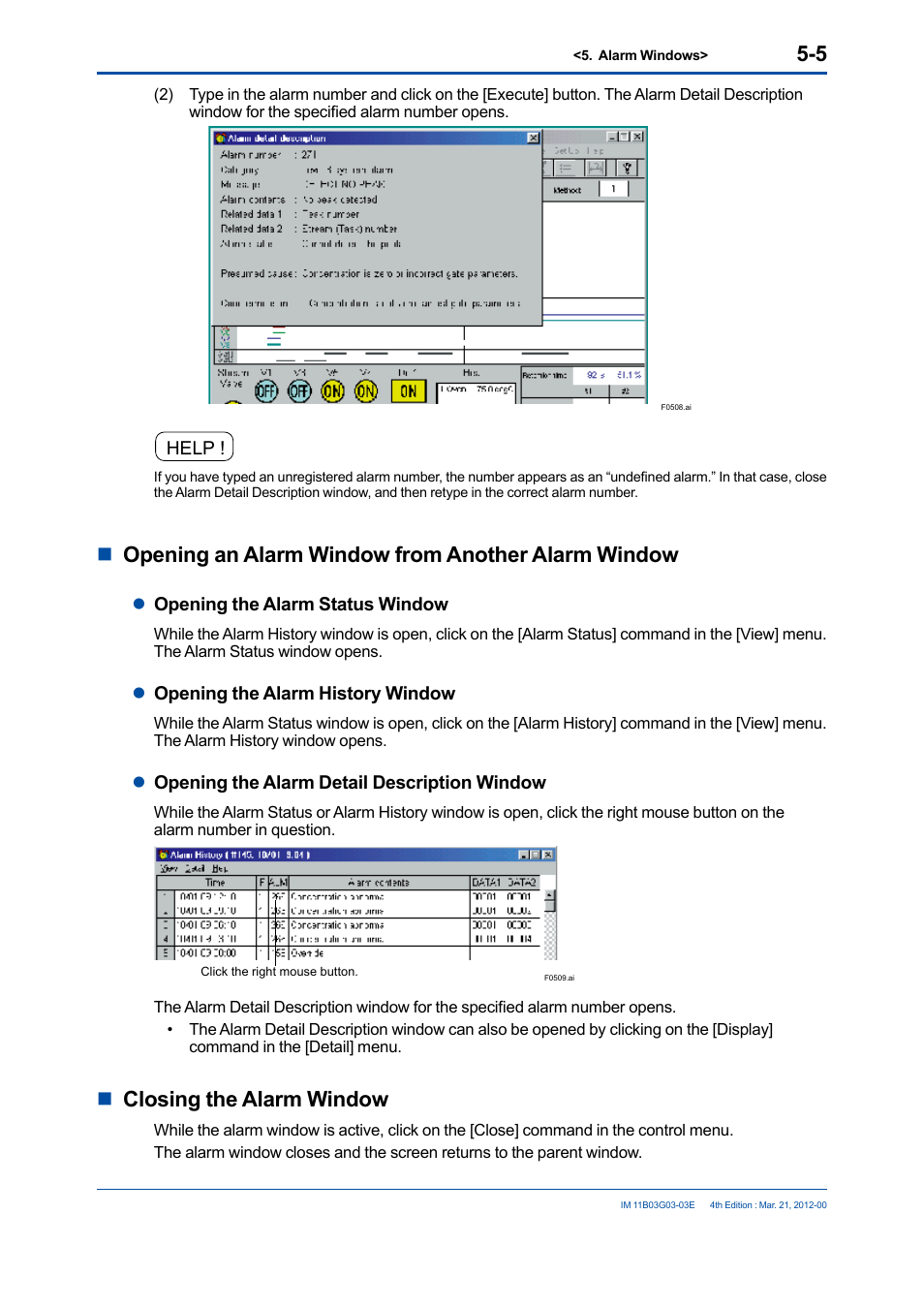 Nopening an alarm window from another alarm window, Nclosing the alarm window | Yokogawa GC1000 Mark II Process Gas Chromatograph User Manual | Page 72 / 105