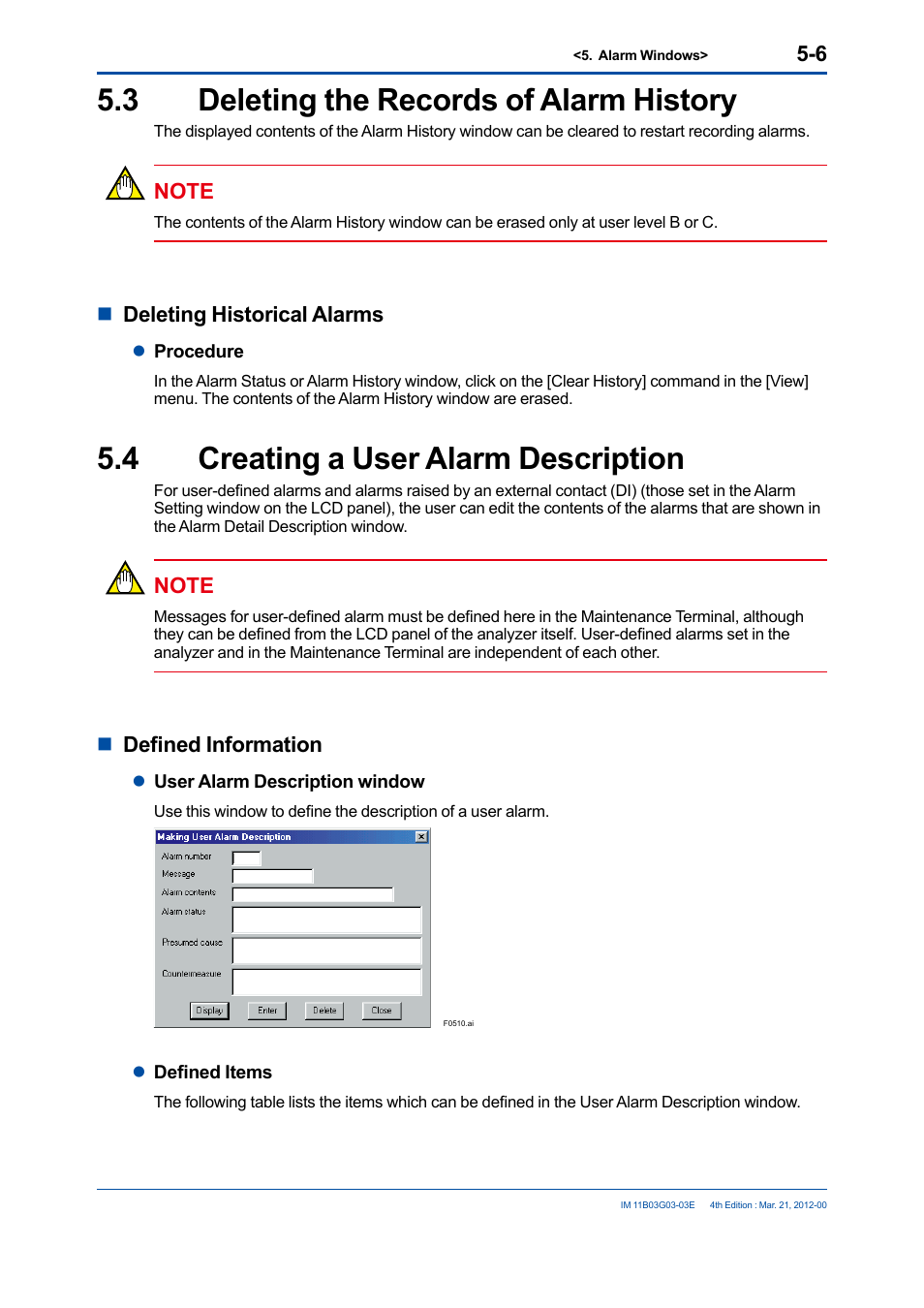 3 deleting the records of alarm history, 4 creating a user alarm description, Deleting the records of alarm history -6 | Creating a user alarm description -6 | Yokogawa GC1000 Mark II Process Gas Chromatograph User Manual | Page 73 / 105