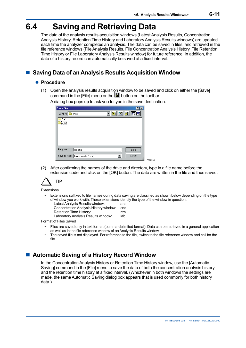 4 saving and retrieving data, Saving and retrieving data -11, Nautomatic saving of a history record window | Yokogawa GC1000 Mark II Process Gas Chromatograph User Manual | Page 86 / 105