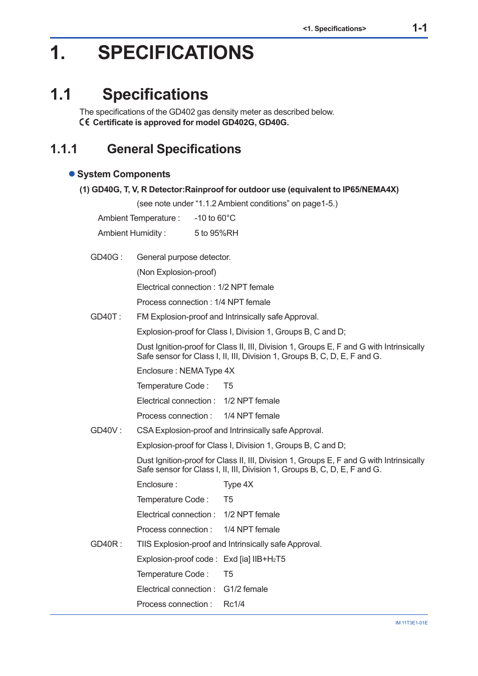 Specifications, 1 specifications, 1 general specifications | Specifications -1, Specifications -1 1.1.1, General specifications -1 | Yokogawa GD40 Gas Density Detector User Manual | Page 10 / 178