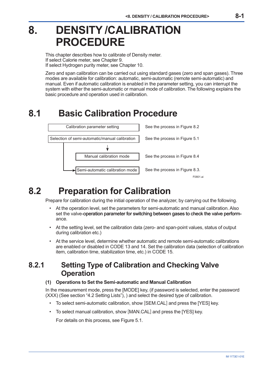 Density /calibration procedure, 1 basic calibration procedure, 2 preparation for calibration | Density /calibration procedure -1, Basic calibration procedure -1, Preparation for calibration -1 8.2.1 | Yokogawa GD40 Gas Density Detector User Manual | Page 154 / 178