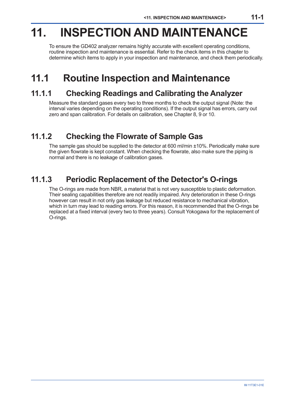 Inspection and maintenance, 1 routine inspection and maintenance, 1 checking readings and calibrating the analyzer | 2 checking the flowrate of sample gas, 3 periodic replacement of the detector's o-rings, Inspection and maintenance -1, Routine inspection and maintenance -1 11.1.1, Checking readings and calibrating the analyzer -1, Checking the flowrate of sample gas -1, Periodic replacement of the detector's o-rings -1 | Yokogawa GD40 Gas Density Detector User Manual | Page 170 / 178