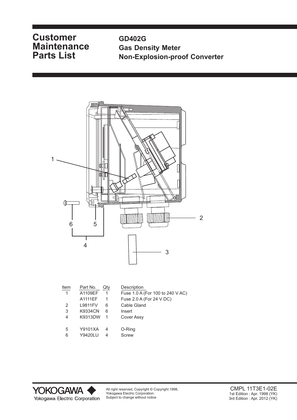 Customermaintenanceparts list cmpl 11t3e1-02e, Customer maintenance parts list | Yokogawa GD40 Gas Density Detector User Manual | Page 175 / 178