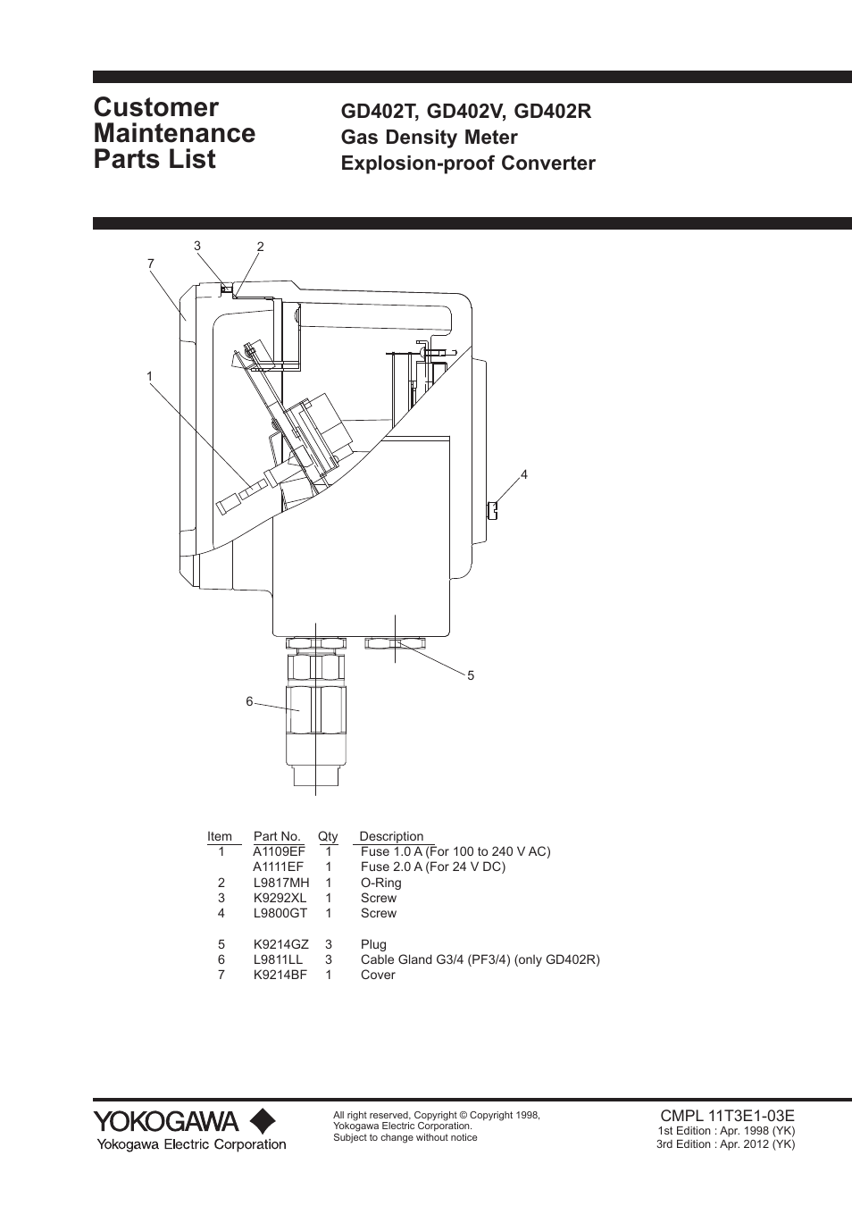 Customermaintenanceparts list cmpl 11t3e1-03e, Customer maintenance parts list | Yokogawa GD40 Gas Density Detector User Manual | Page 176 / 178