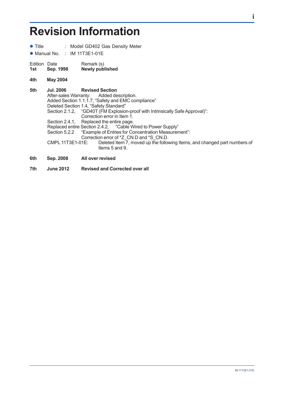 Revision information | Yokogawa GD40 Gas Density Detector User Manual | Page 177 / 178