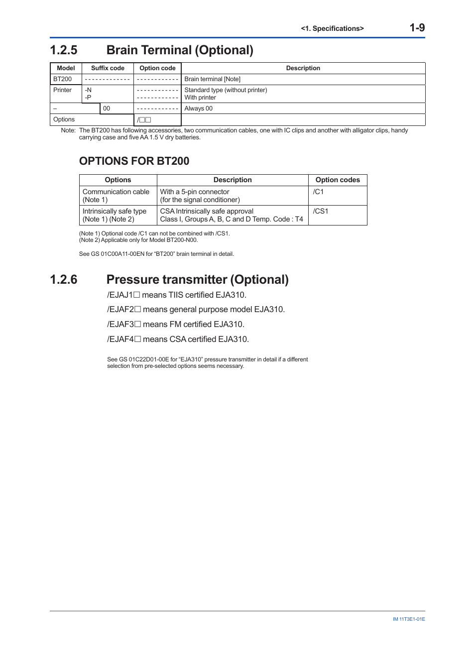 5 brain terminal (optional), 6 pressure transmitter (optional), Brain terminal (optional) -9 | Pressure transmitter (optional) -9, Options for bt200 | Yokogawa GD40 Gas Density Detector User Manual | Page 18 / 178