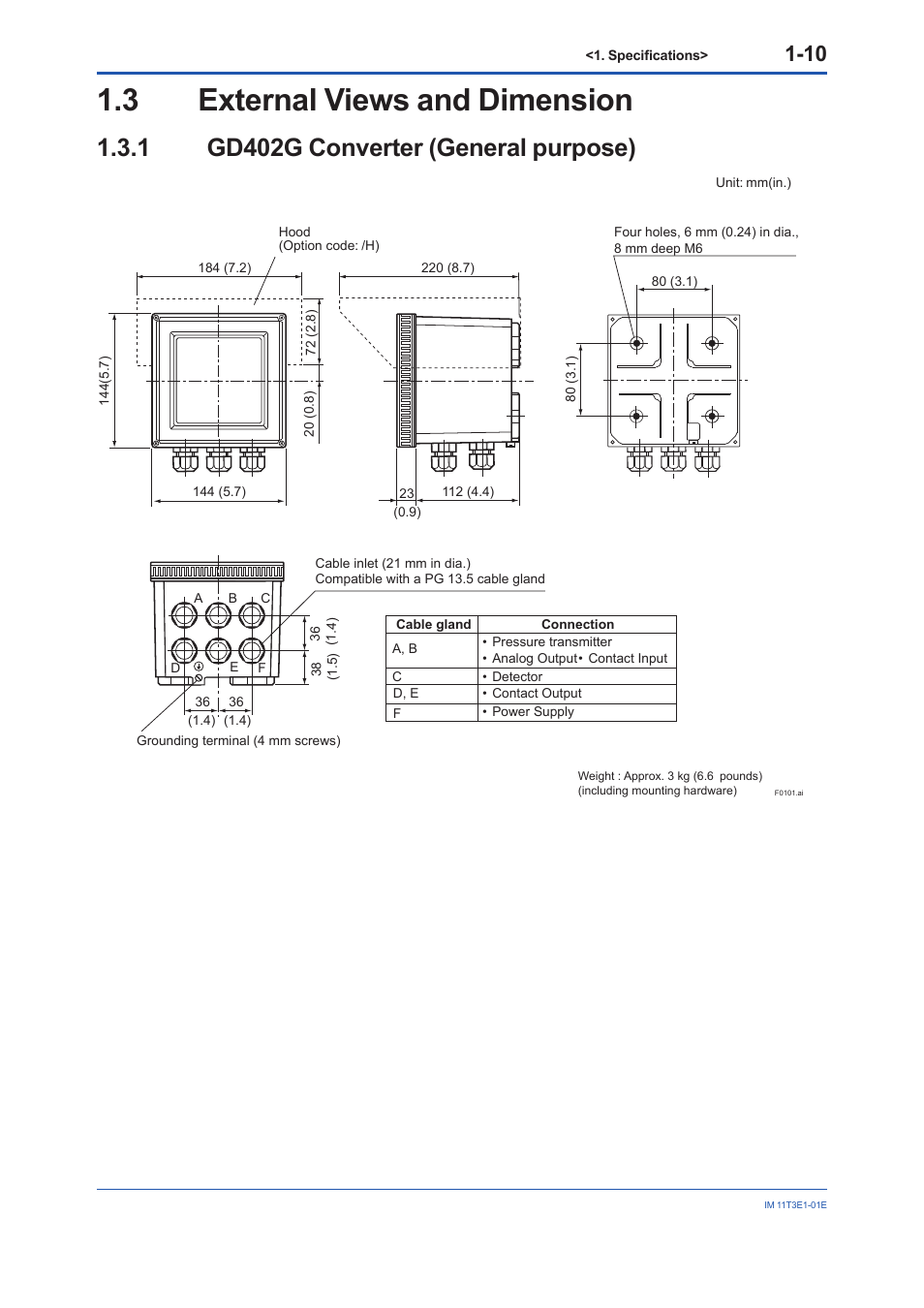 3 external views and dimension, 1 gd402g converter (general purpose), External views and dimension -10 1.3.1 | Gd402g converter (general purpose) -10 | Yokogawa GD40 Gas Density Detector User Manual | Page 19 / 178