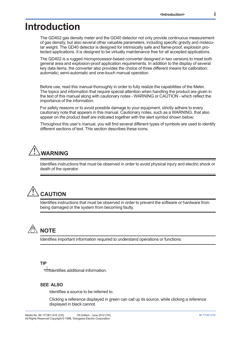 Introduction, Warning, Caution | Yokogawa GD40 Gas Density Detector User Manual | Page 2 / 178