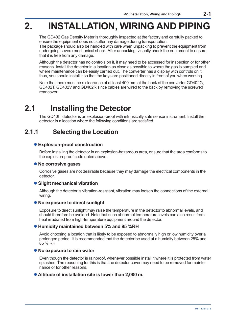 Installation, wiring and piping, 1 installing the detector, 1 selecting the location | Installation, wiring and piping -1, Installing the detector -1 2.1.1, Selecting the location -1 | Yokogawa GD40 Gas Density Detector User Manual | Page 24 / 178