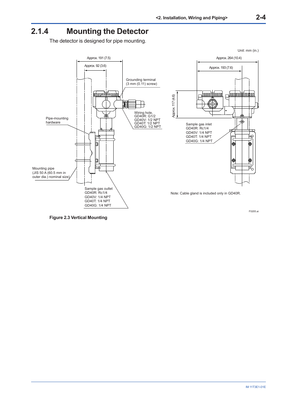 4 mounting the detector, Mounting the detector -4, The detector is designed for pipe mounting | Yokogawa GD40 Gas Density Detector User Manual | Page 27 / 178