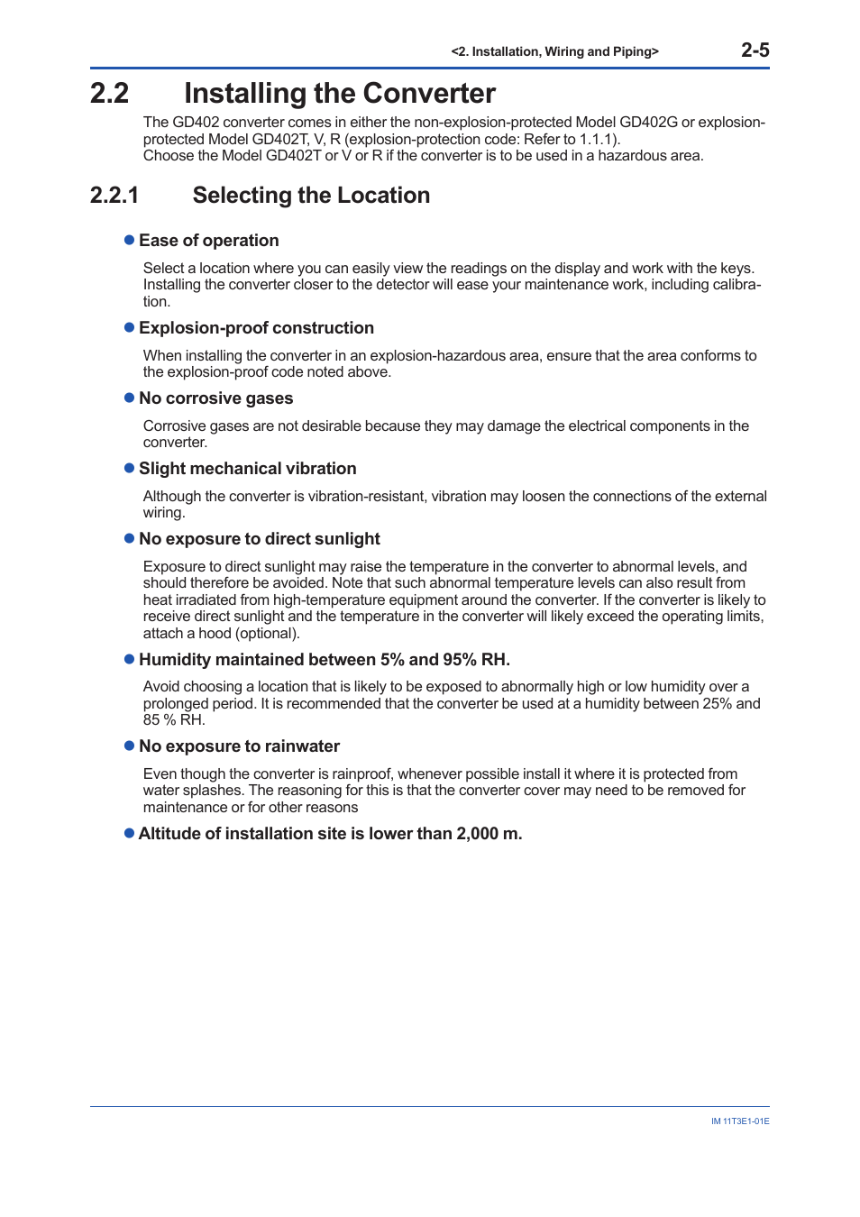2 installing the converter, 1 selecting the location, Installing the converter -5 2.2.1 | Selecting the location -5 | Yokogawa GD40 Gas Density Detector User Manual | Page 28 / 178