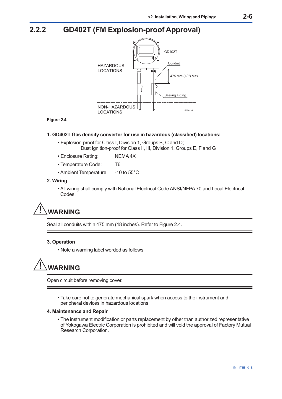 2 gd402t (fm explosion-proof approval), Gd402t (fm explosion-proof approval) -6, Warning | Yokogawa GD40 Gas Density Detector User Manual | Page 29 / 178
