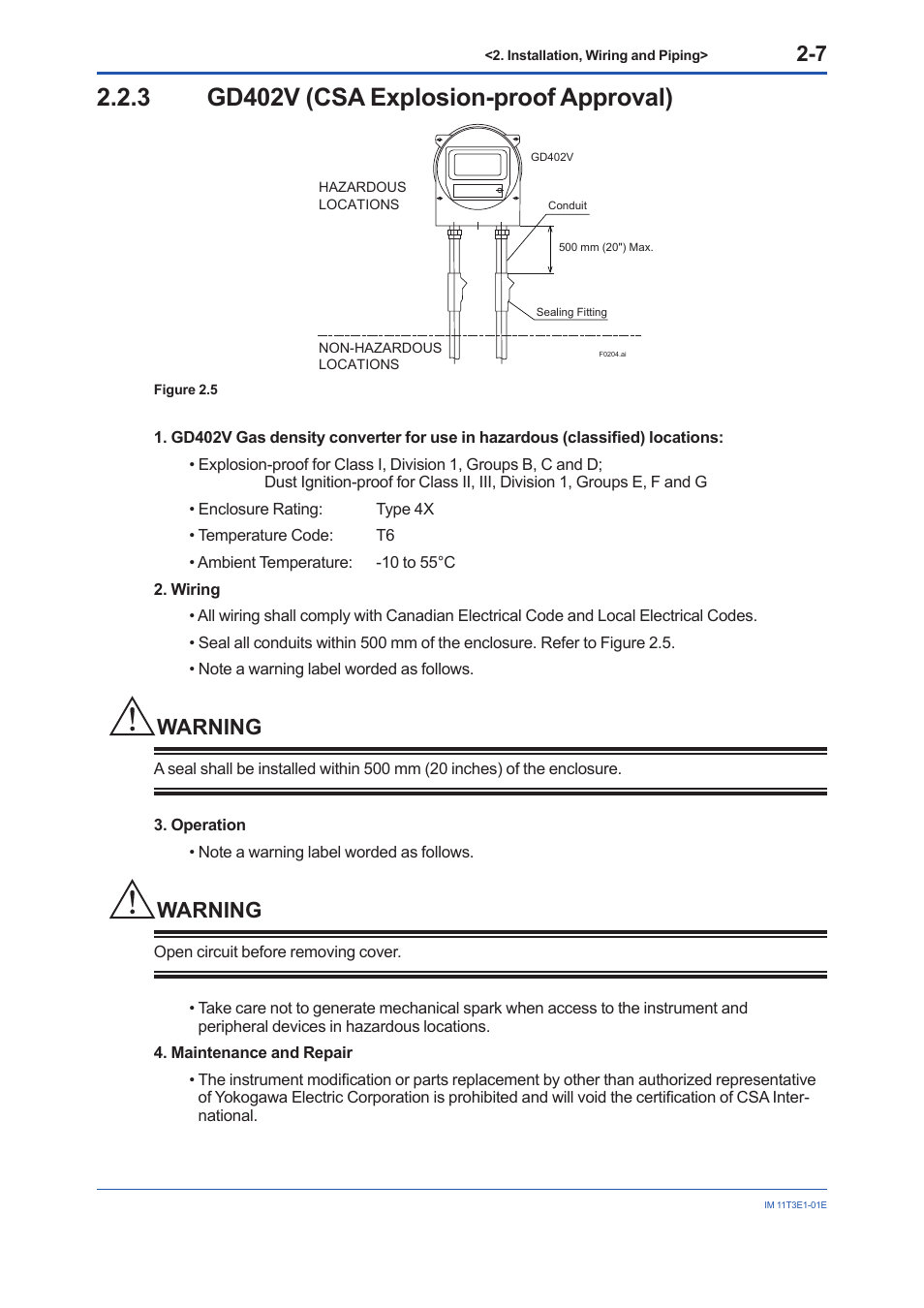 3 gd402v (csa explosion-proof approval), Gd402v (csa explosion-proof approval) -7, Warning | Yokogawa GD40 Gas Density Detector User Manual | Page 30 / 178