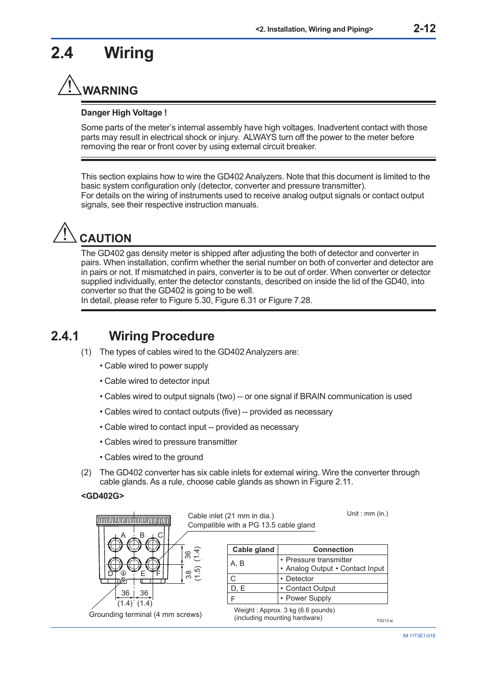 4 wiring, 1 wiring procedure, Wiring -12 2.4.1 | Wiring procedure -12, Warning, Caution | Yokogawa GD40 Gas Density Detector User Manual | Page 35 / 178