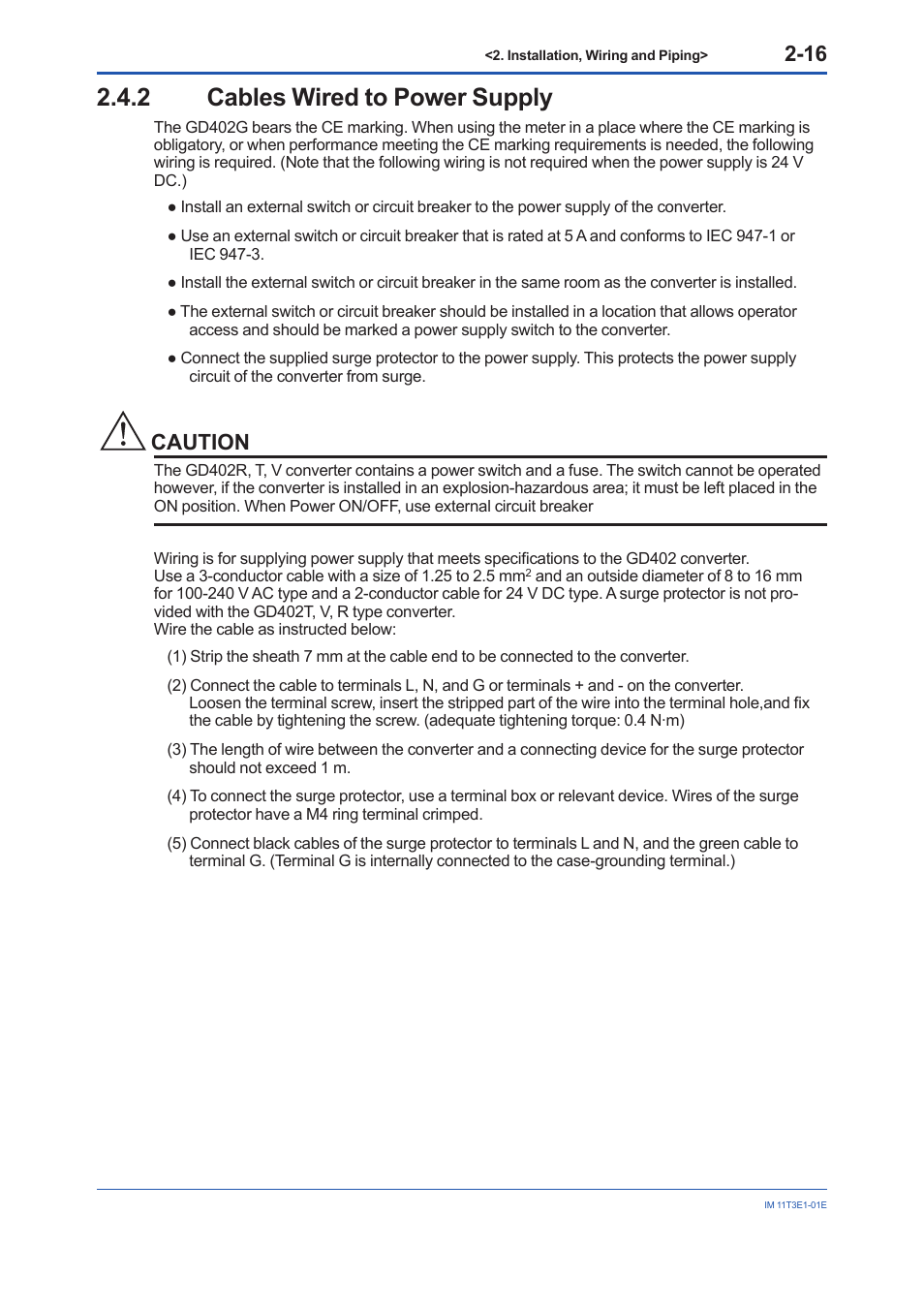 2 cables wired to power supply, Cables wired to power supply -16, Caution | Yokogawa GD40 Gas Density Detector User Manual | Page 39 / 178