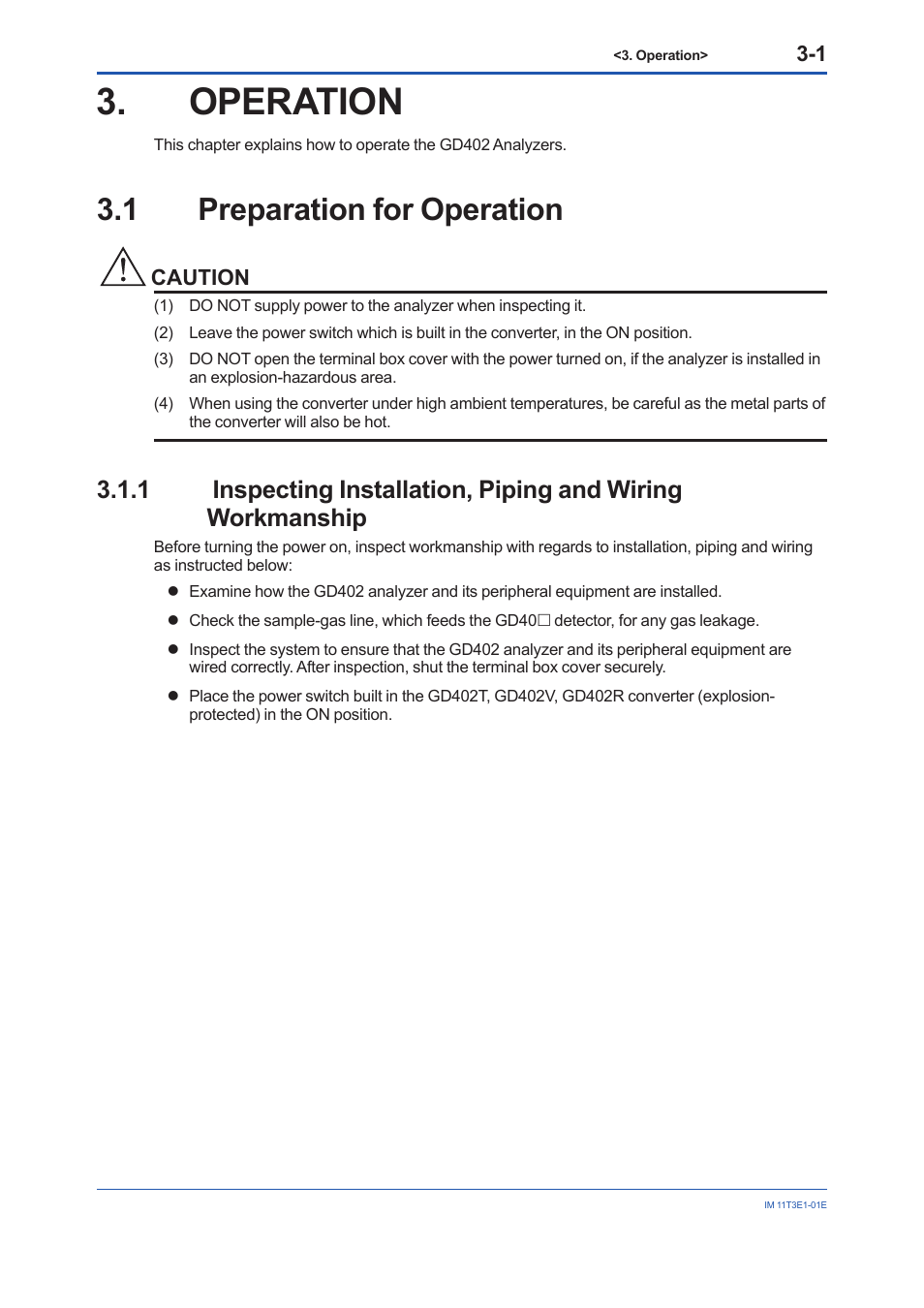 Operation, 1 preparation for operation, Operation -1 | Preparation for operation -1 3.1.1 | Yokogawa GD40 Gas Density Detector User Manual | Page 44 / 178