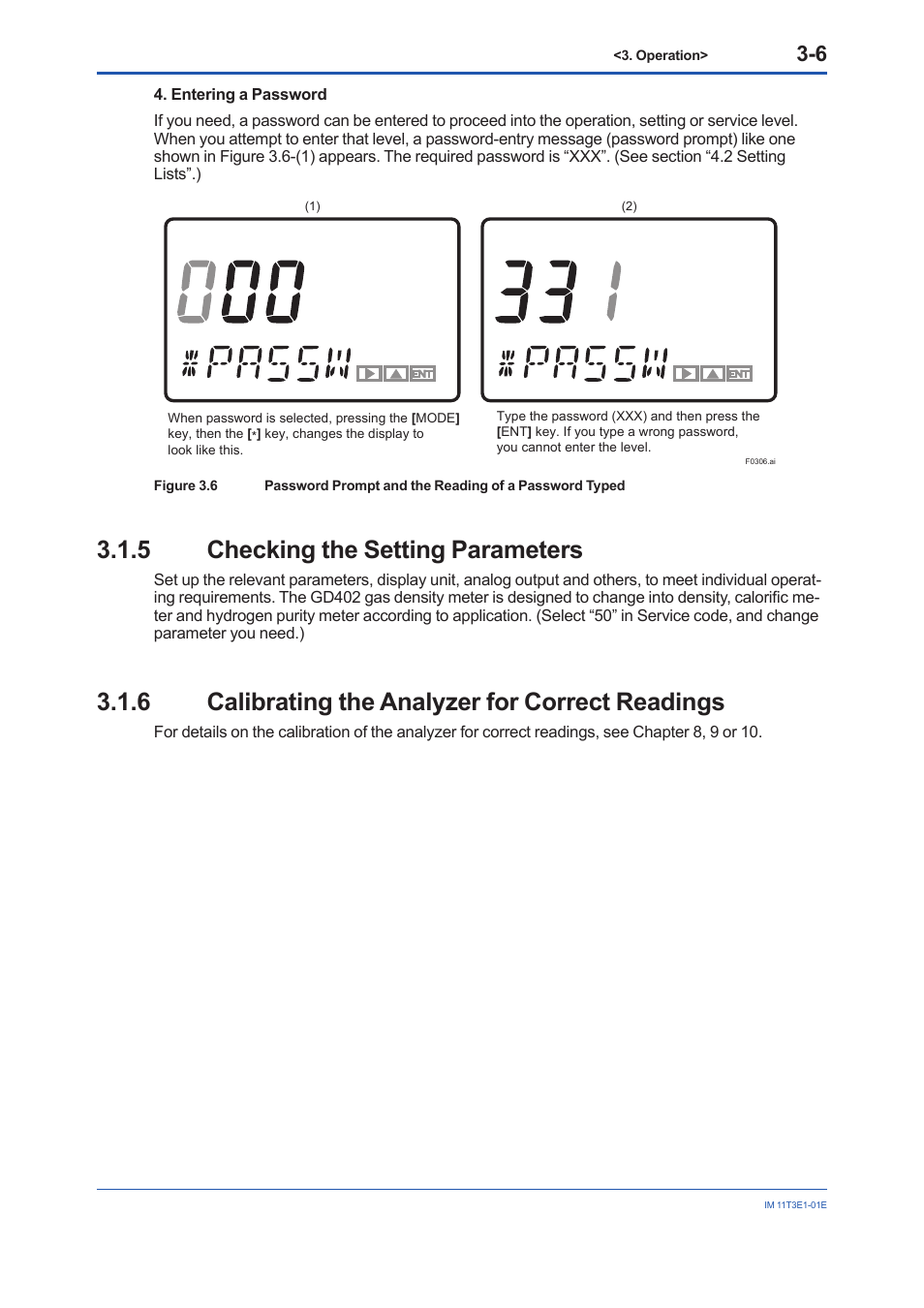 5 checking the setting parameters, 6 calibrating the analyzer for correct readings, Checking the setting parameters -6 | Calibrating the analyzer for correct readings -6 | Yokogawa GD40 Gas Density Detector User Manual | Page 49 / 178
