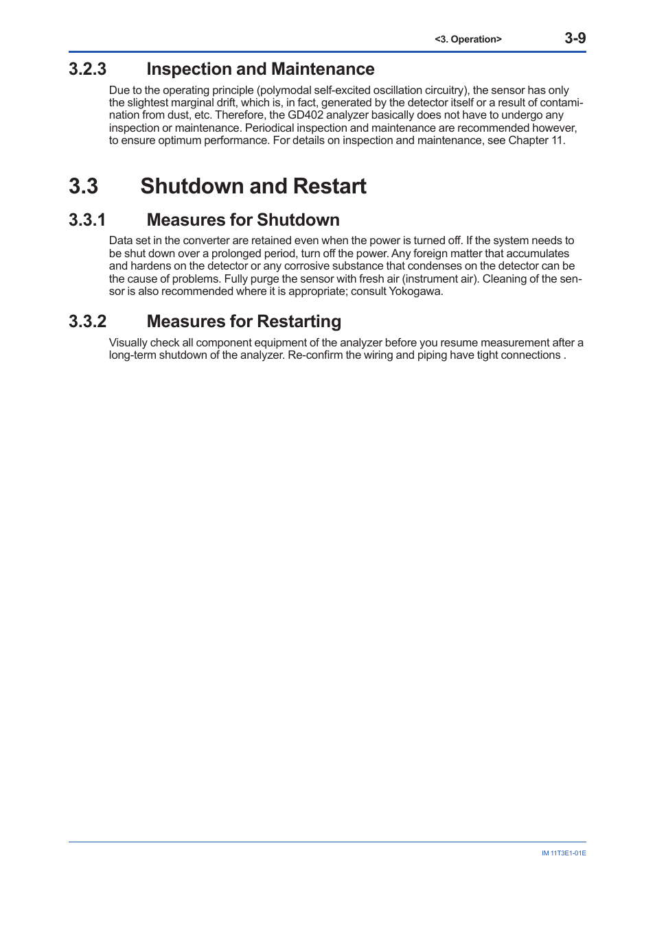 3 inspection and maintenance, 3 shutdown and restart, 1 measures for shutdown | 2 measures for restarting, Inspection and maintenance -9, Shutdown and restart -9 3.3.1, Measures for shutdown -9, Measures for restarting -9 | Yokogawa GD40 Gas Density Detector User Manual | Page 52 / 178