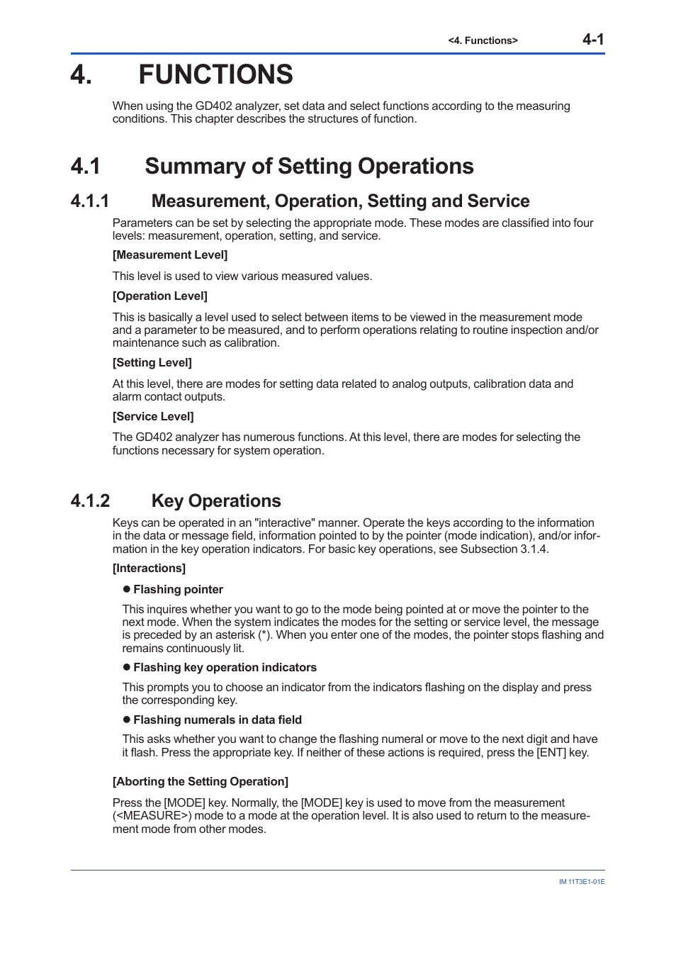 Functions, 1 summary of setting operations, 1 measurement, operation, setting and service | 2 key operations, Functions -1, Summary of setting operations -1 4.1.1, Measurement, operation, setting and service -1, Key operations -1 | Yokogawa GD40 Gas Density Detector User Manual | Page 54 / 178