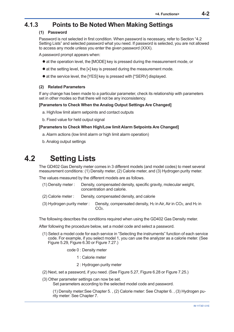 3 points to be noted when making settings, 2 setting lists, Points to be noted when making settings -2 | Setting lists -2 | Yokogawa GD40 Gas Density Detector User Manual | Page 55 / 178