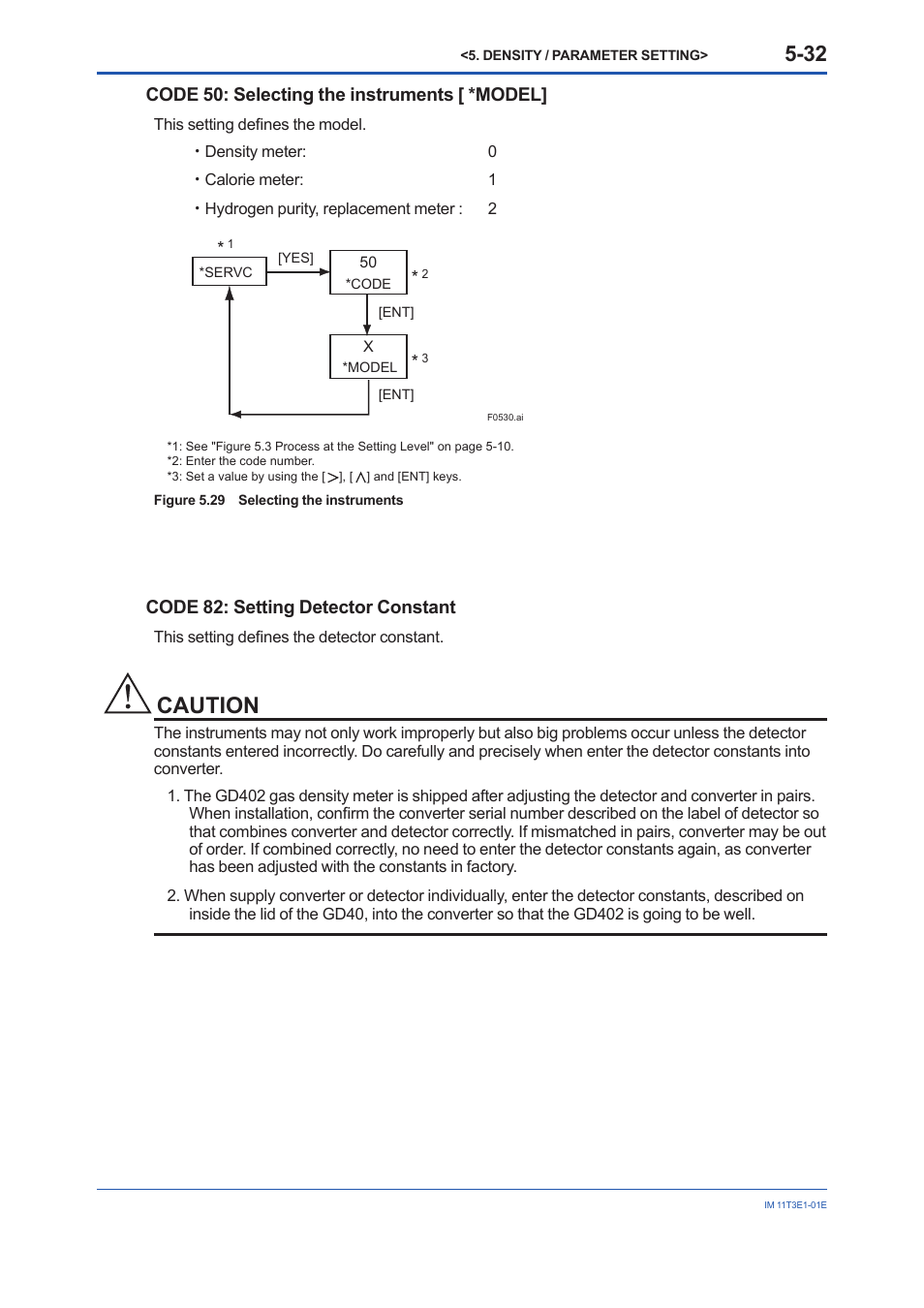 Caution, Code 50: selecting the instruments [ *model, Code 82: setting detector constant | Yokogawa GD40 Gas Density Detector User Manual | Page 87 / 178